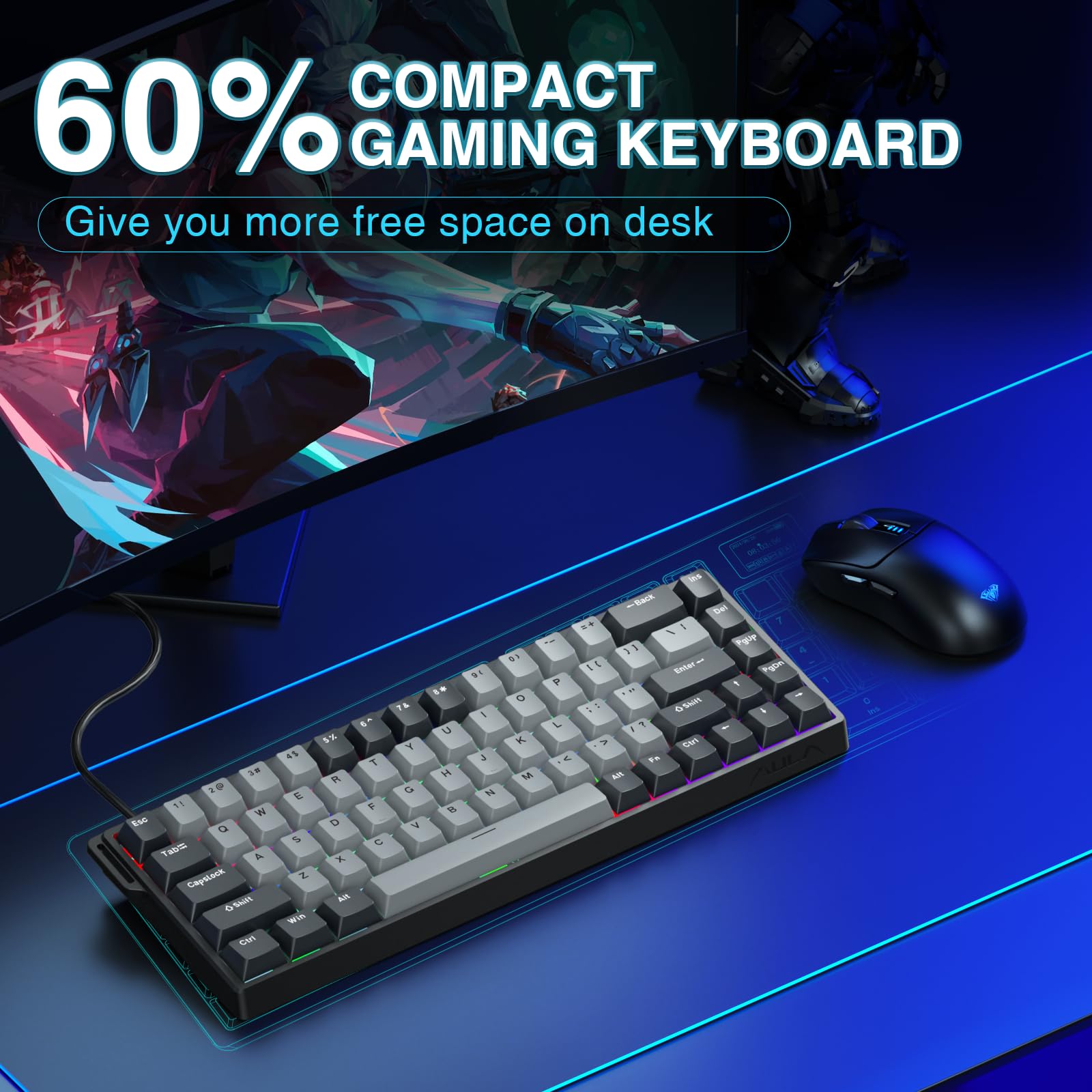 AULA WIN68 HE Mechanical Gaming Keyboard 60%, Hall Effect Magnetic Switch, Fast Trigger Mode Adjustable Actuation, 8000Hz Polling Rate, RGB Backlit, Wired Black Keyboard for Laptop/PC Gamer