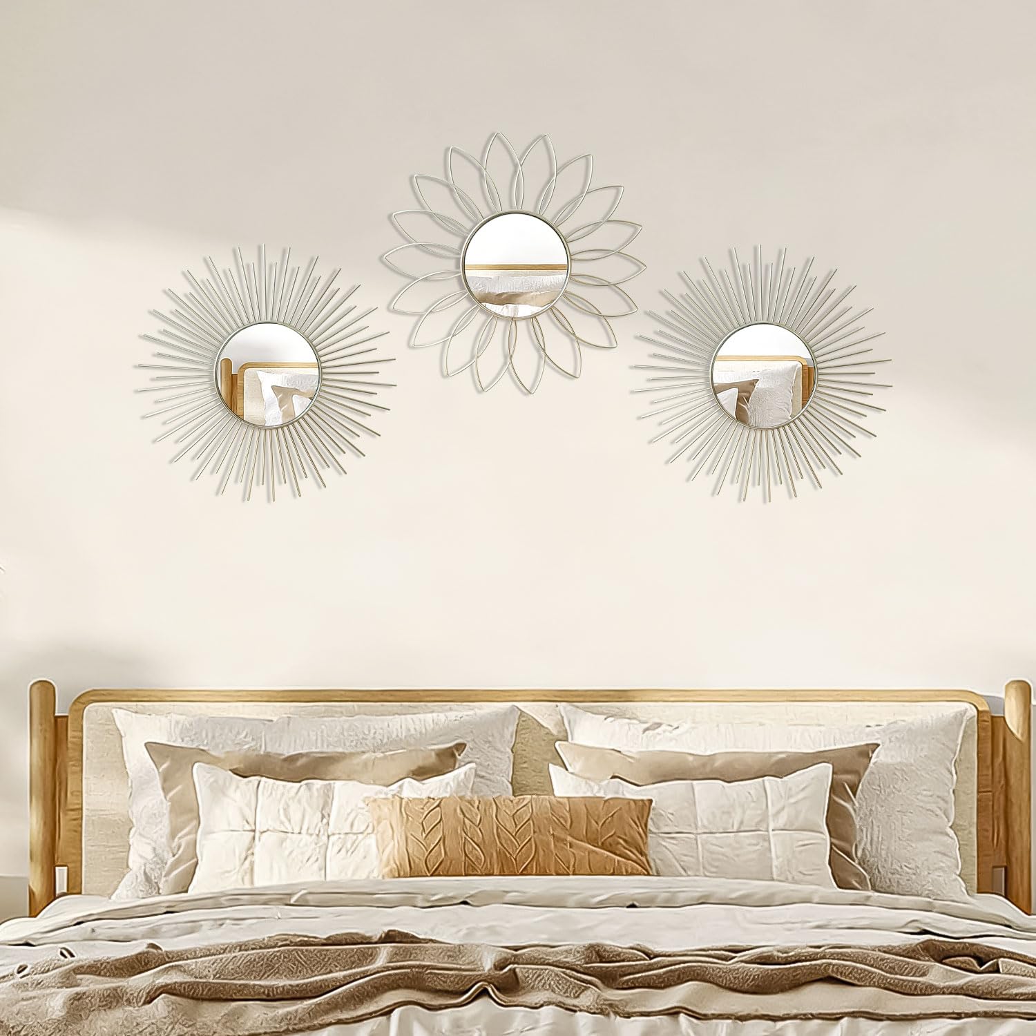 3 Pack Metal Mirrors for Wall Sunburst Wall Mirrors Home Décor Decorative Hanging Wall Art for Living Room Bedroom Entryway (Gold, Flower+Sunburst)
