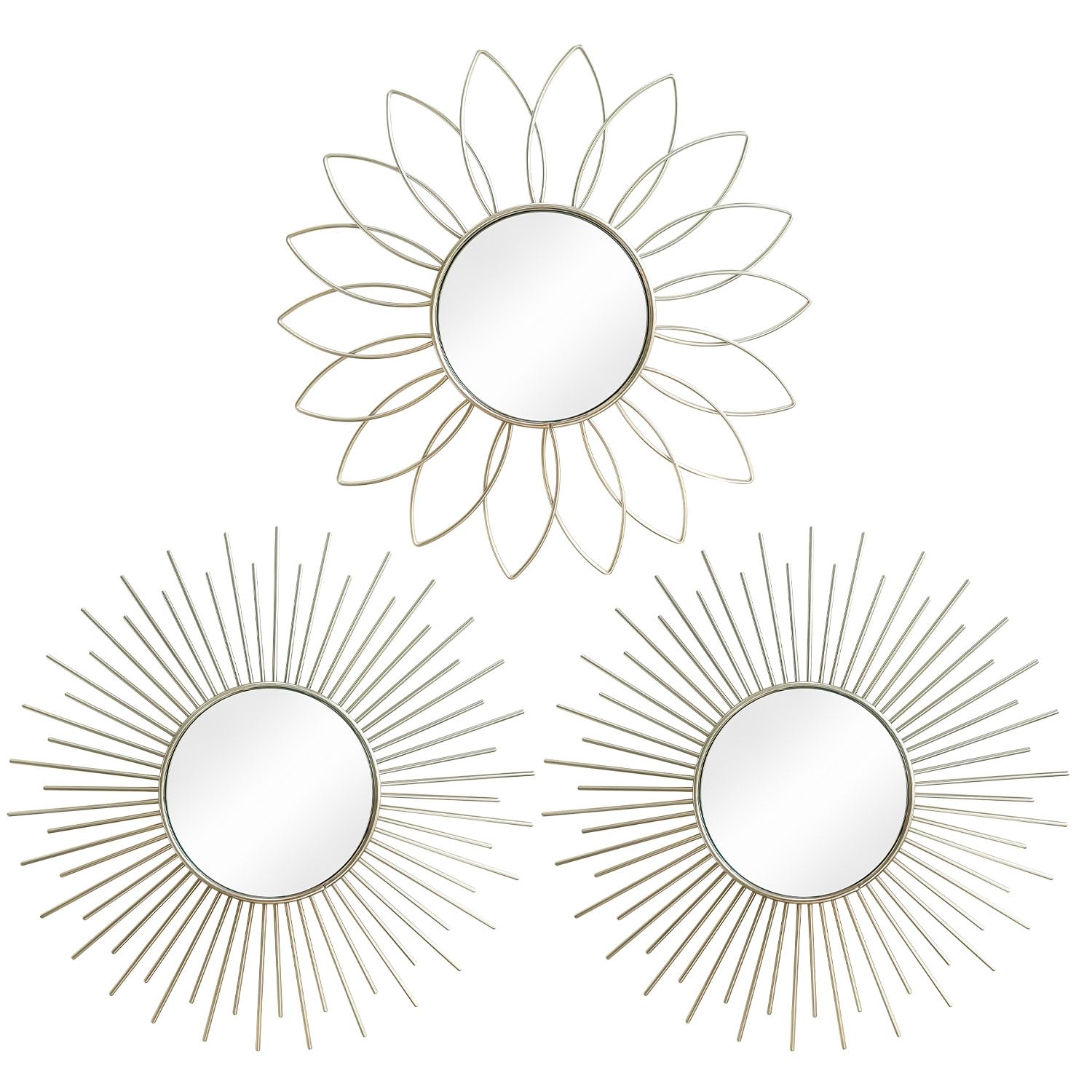 3 Pack Metal Mirrors for Wall Sunburst Wall Mirrors Home Décor Decorative Hanging Wall Art for Living Room Bedroom Entryway (Gold, Flower+Sunburst)