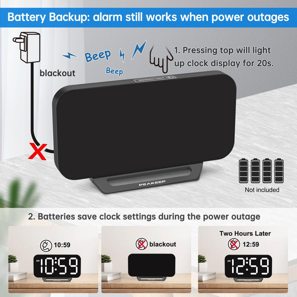 Peakeep Slim Digital Mirror Aesthetic Alarm Clock for Bedrooms Desk Decor - Plug in Electric Big LED Modern Small Clock for Office Living Room, Battery Backup, 6 Dimmers (Gold)