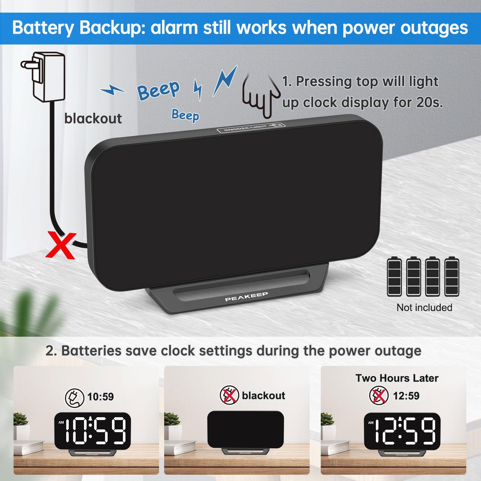 Peakeep Slim Digital Mirror Aesthetic Alarm Clock for Bedrooms Desk Decor - Plug in Electric Big LED Modern Small Clock for Office Living Room, Battery Backup, 6 Dimmers (Gold)