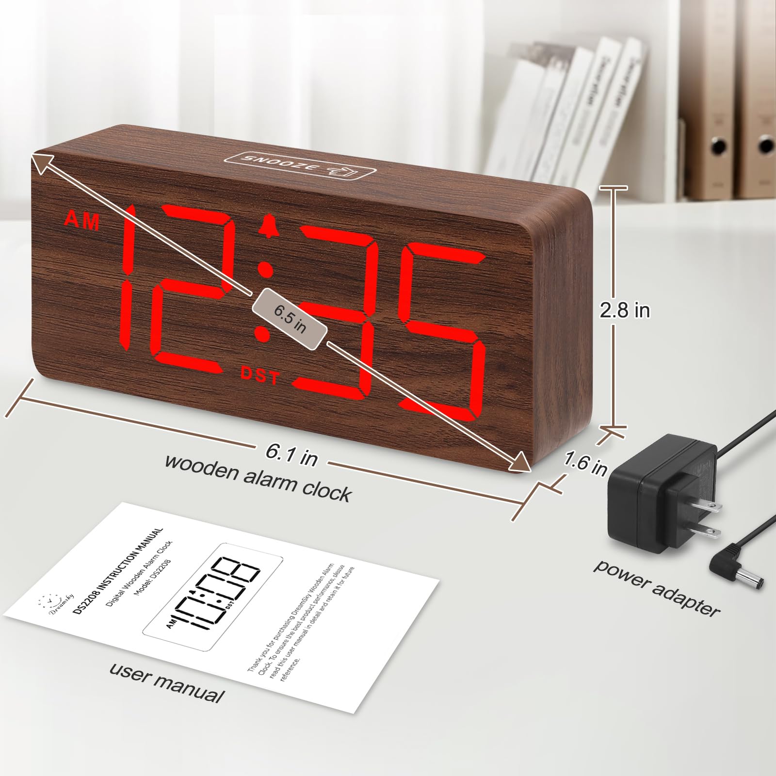 DreamSky Wooden Digital Alarm Clock for Bedroom - Desk Clock for Living Room with Large Numbers, Dimmer, Loud Alarm for Heavy Sleepers with Volume Control, DST, Office Wood Decor (Plug in Clock)