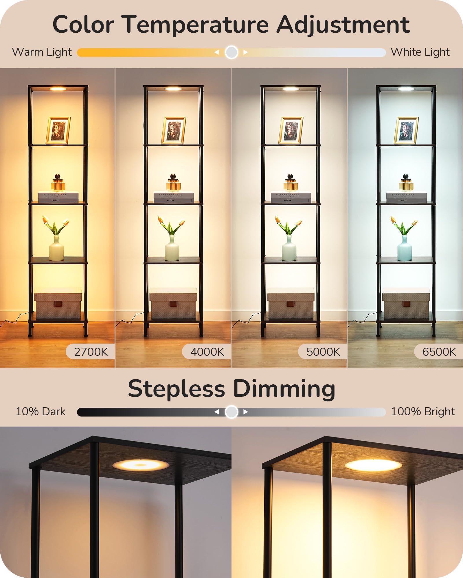 EDISHINE RGBW Modern Floor Lamp, 5-Tier Display Shelf with Light, Adjustable Brightness & Color Temperature, 3 Lighting Modes, Remote Control, Stable Floor Lamps for Living Room, Bedroom, Study, Black