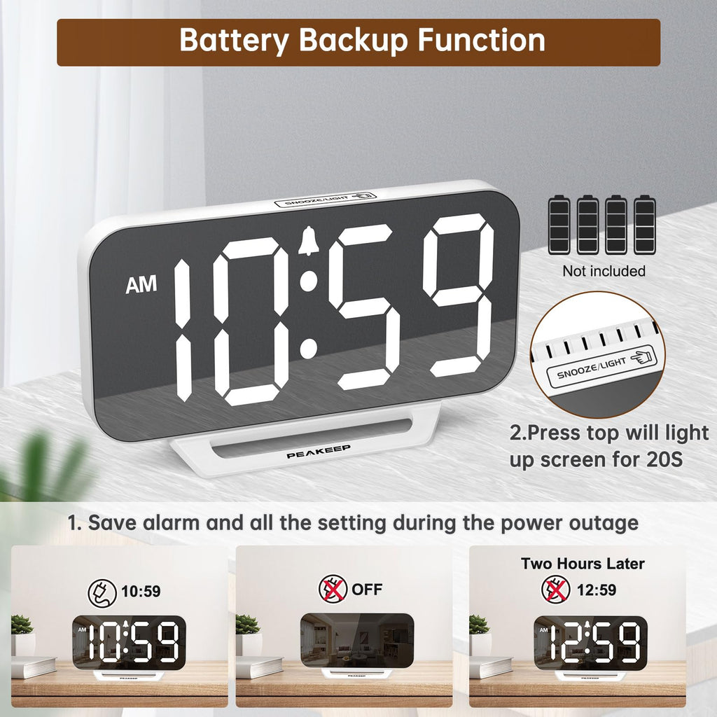 Peakeep Slim Digital Mirror Aesthetic Alarm Clock for Bedrooms Desk Decor - Plug in Electric Big LED Modern Small Clock for Office Living Room, Battery Backup, 6 Dimmers (Gold)