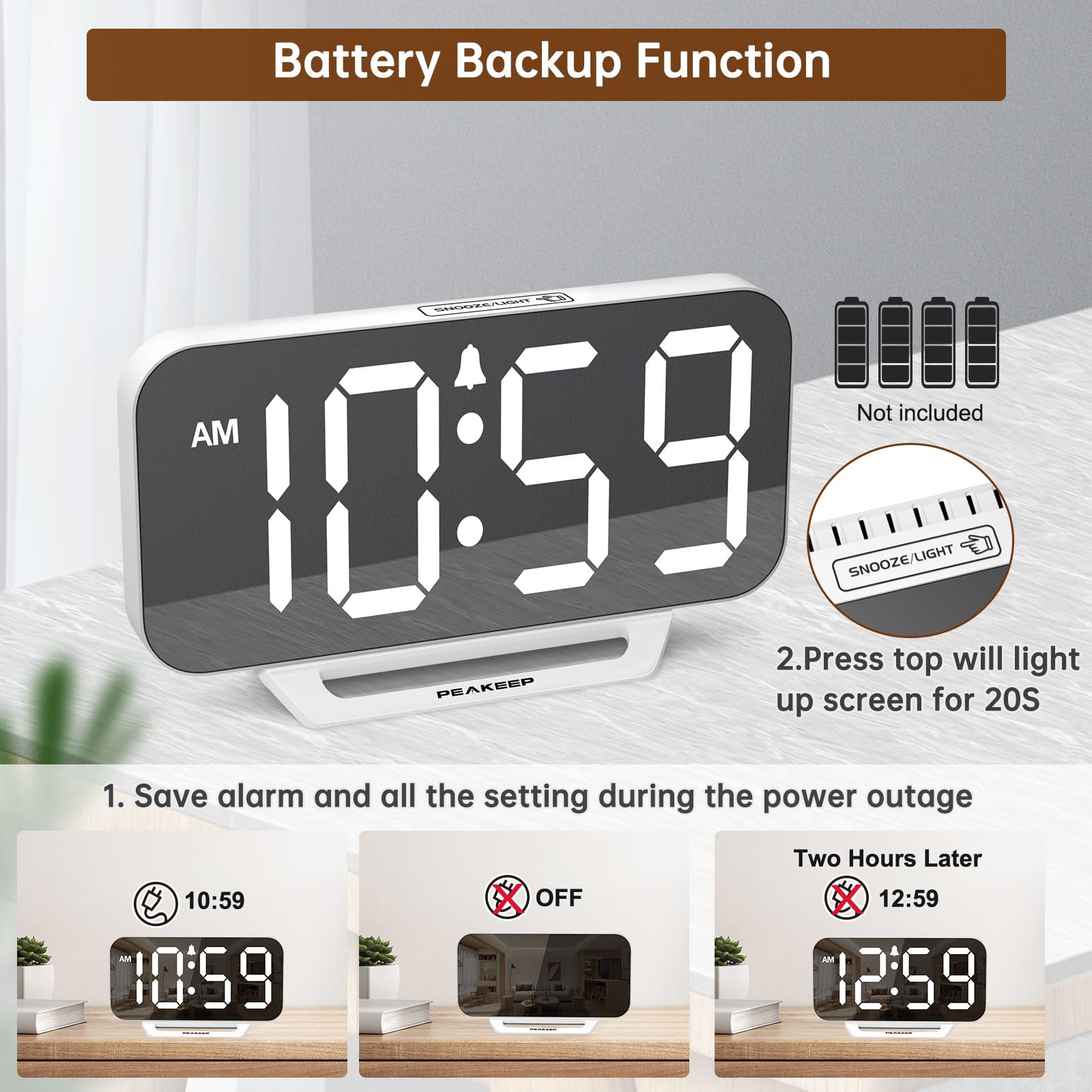 Peakeep Slim Digital Mirror Aesthetic Alarm Clock for Bedrooms Desk Decor - Plug in Electric Big LED Modern Small Clock for Office Living Room, Battery Backup, 6 Dimmers (Gold)