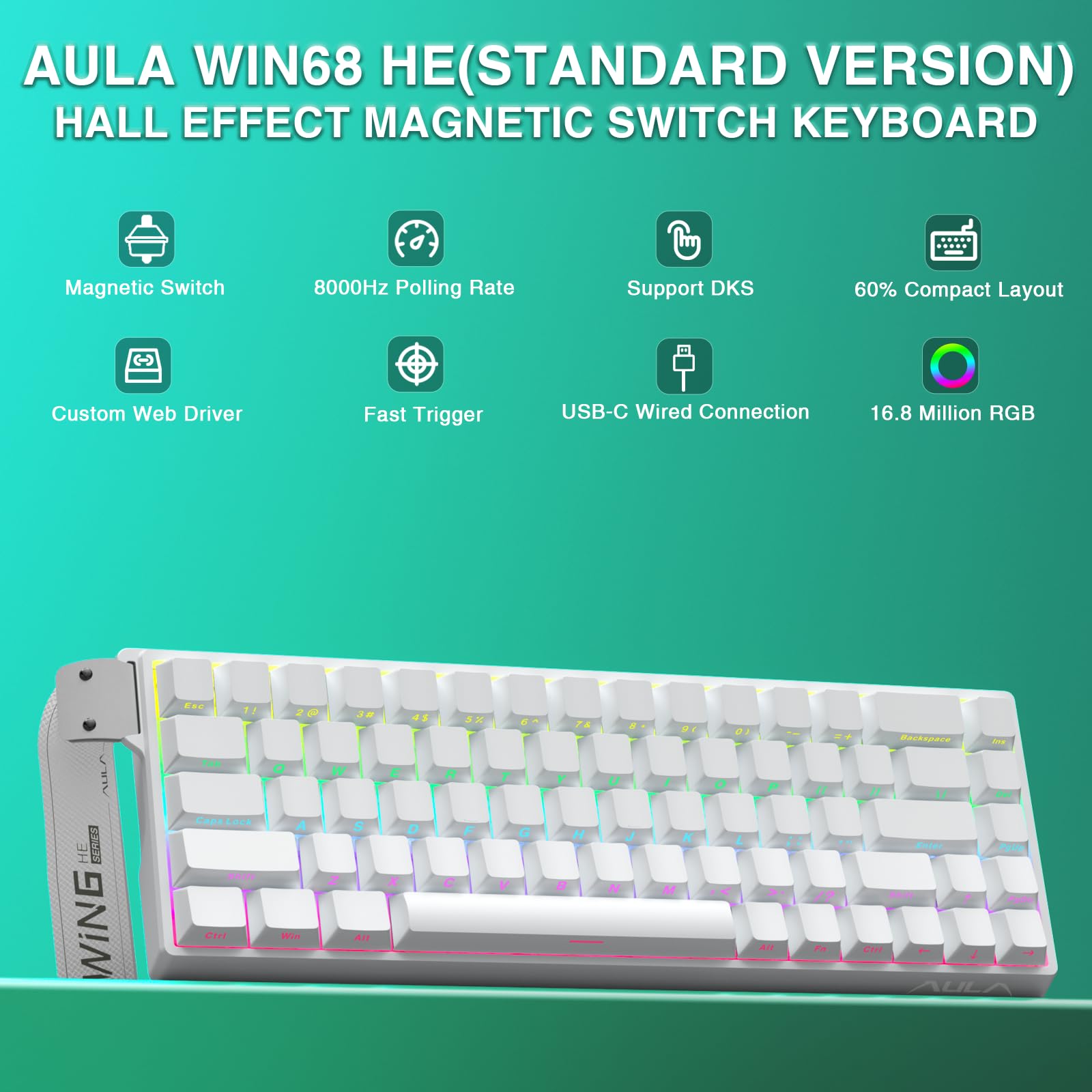 AULA WIN68 HE Mechanical Gaming Keyboard 60%, Hall Effect Magnetic Switch, Fast Trigger Mode Adjustable Actuation, 8000Hz Polling Rate, RGB Backlit, Wired Black Keyboard for Laptop/PC Gamer