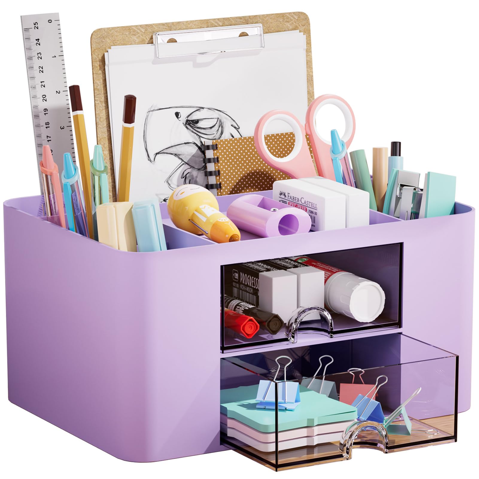 Marbrasse Pen Organizer with 2 Drawer, Multi-Functional Pencil Holder for Desk, Desk Organizers and Accessories with 5 Compartments + Drawer for Office Art Supplies (White)