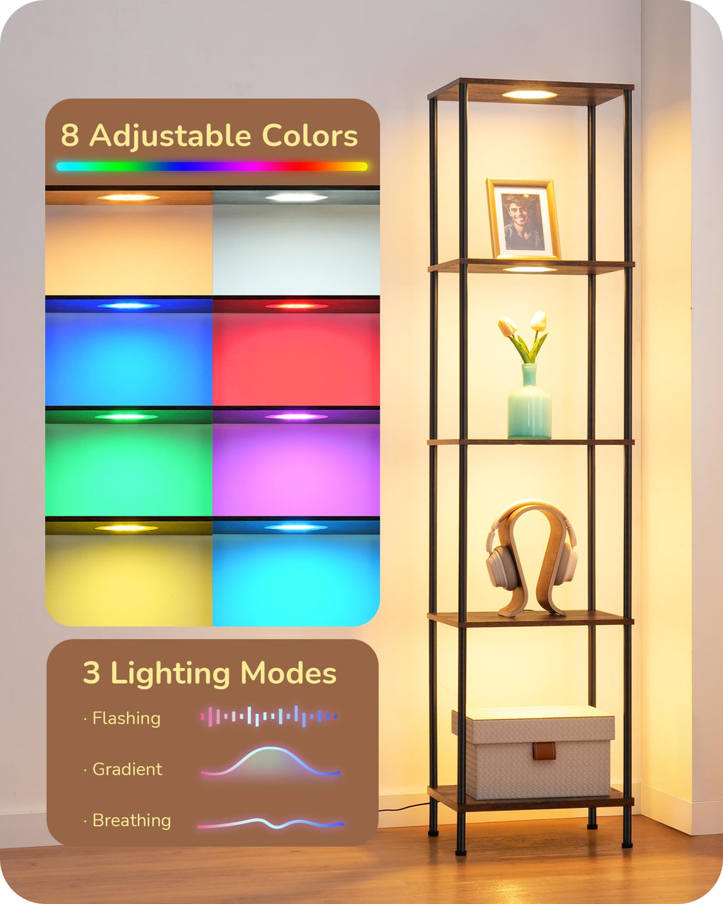 EDISHINE RGBW Modern Floor Lamp, 5-Tier Display Shelf with Light, Adjustable Brightness & Color Temperature, 3 Lighting Modes, Remote Control, Stable Floor Lamps for Living Room, Bedroom, Study, Black