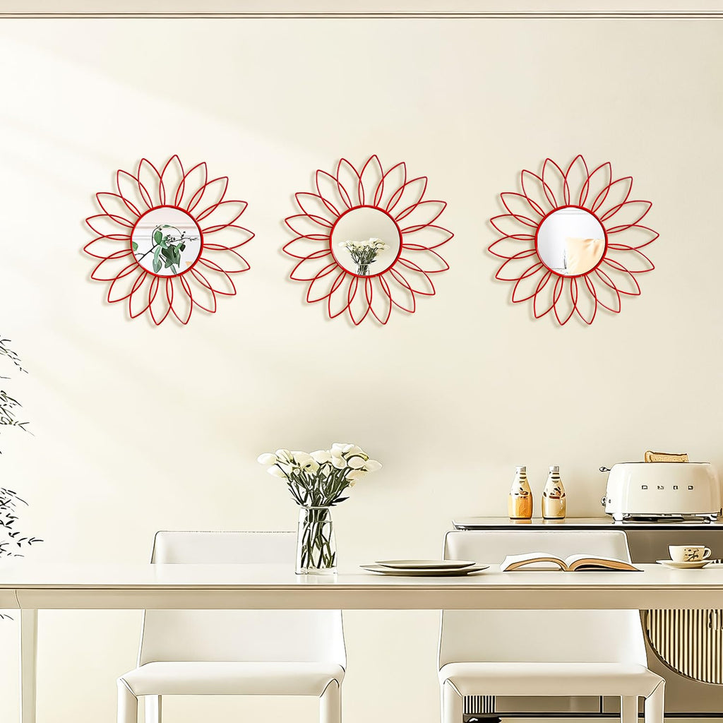 3 Pack Metal Mirrors for Wall Sunburst Wall Mirrors Home Décor Decorative Hanging Wall Art for Living Room Bedroom Entryway (Gold, Flower+Sunburst)