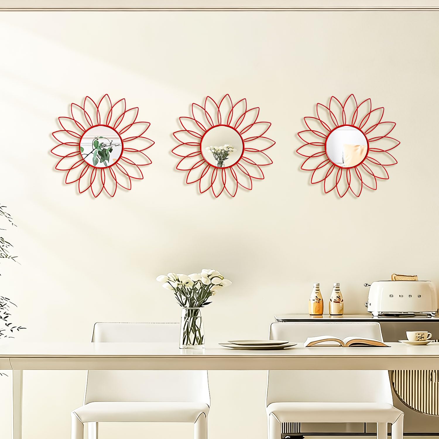3 Pack Metal Mirrors for Wall Sunburst Wall Mirrors Home Décor Decorative Hanging Wall Art for Living Room Bedroom Entryway (Gold, Flower+Sunburst)