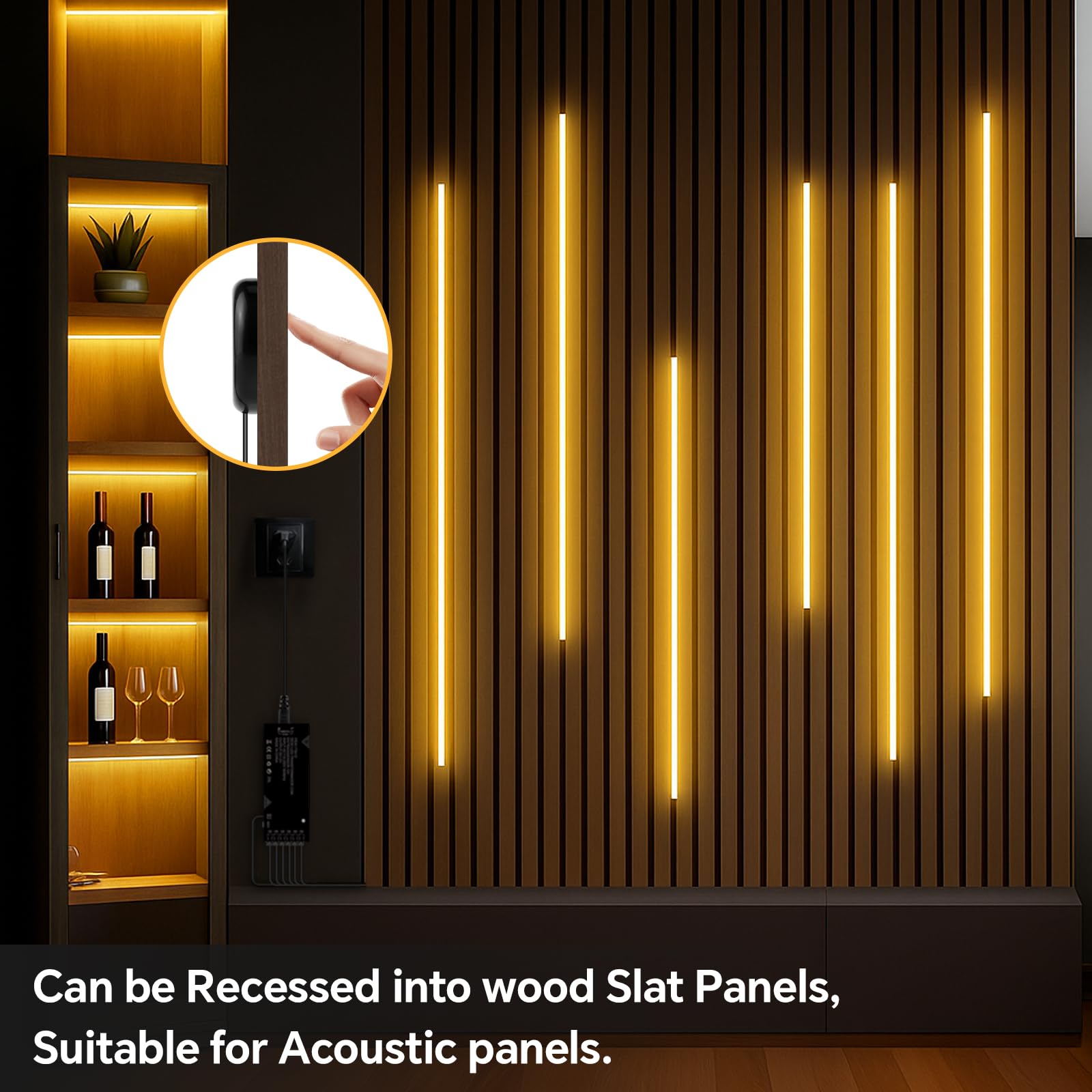 AIMENGTE 12V COB LED Cabinet Lights Black Strip, 6 x 3.3ft Touch Dimmable 3000K Lighting for Parallel Wood Slat Wall Panels, Display Cabinets, Wardrobes, Showcases, Shelves
