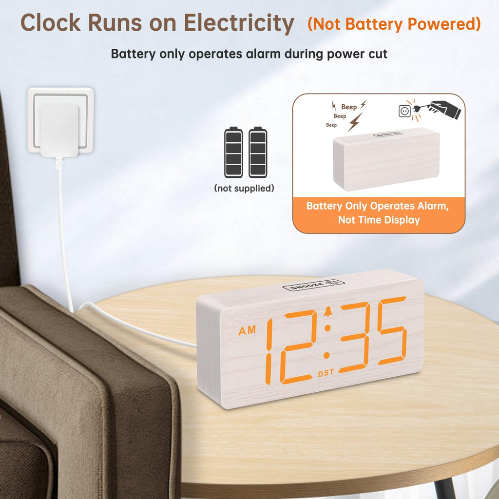 DreamSky Wooden Digital Alarm Clock for Bedroom - Desk Clock for Living Room with Large Numbers, Dimmer, Loud Alarm for Heavy Sleepers with Volume Control, DST, Office Wood Decor (Plug in Clock)