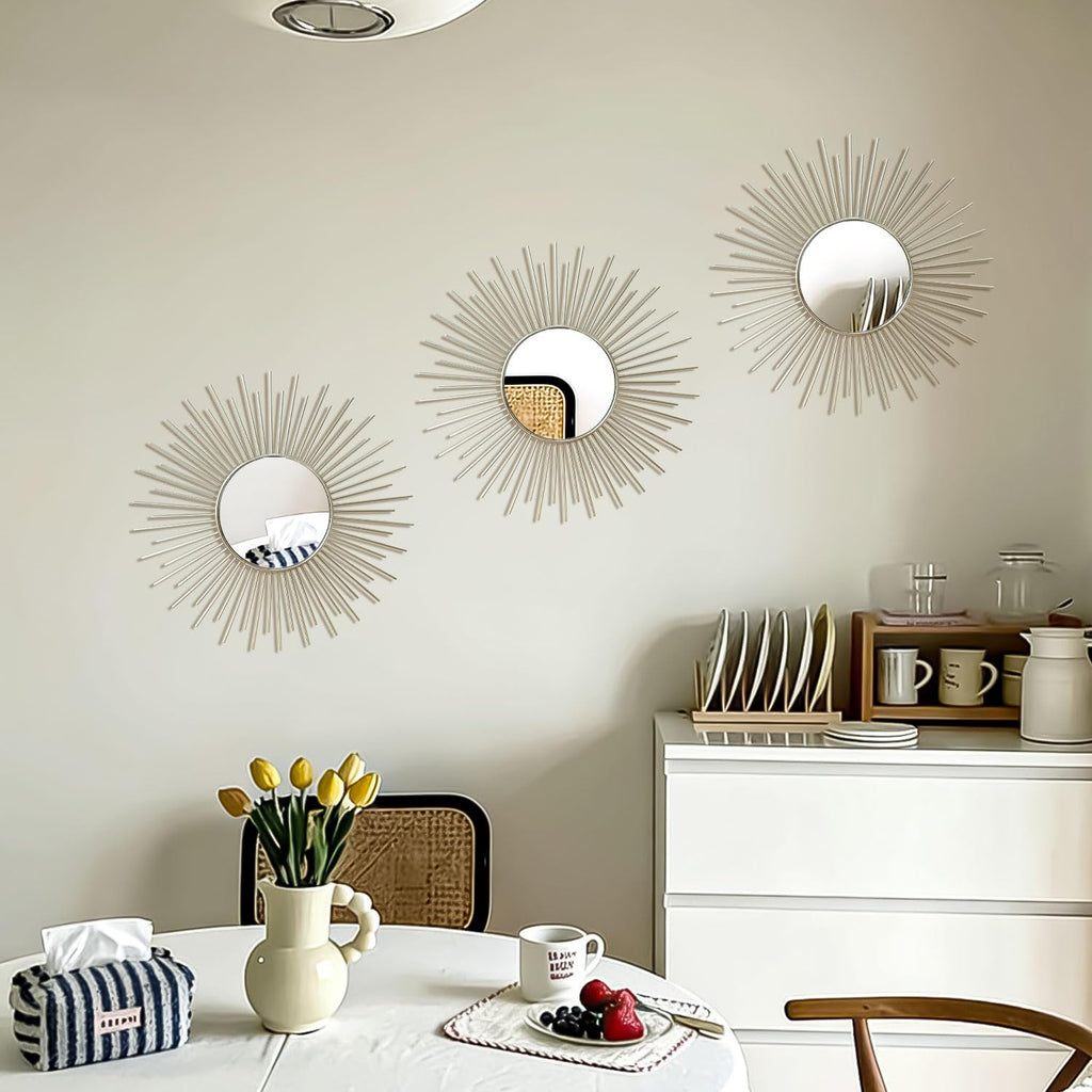 3 Pack Metal Mirrors for Wall Sunburst Wall Mirrors Home Décor Decorative Hanging Wall Art for Living Room Bedroom Entryway (Gold, Flower+Sunburst)