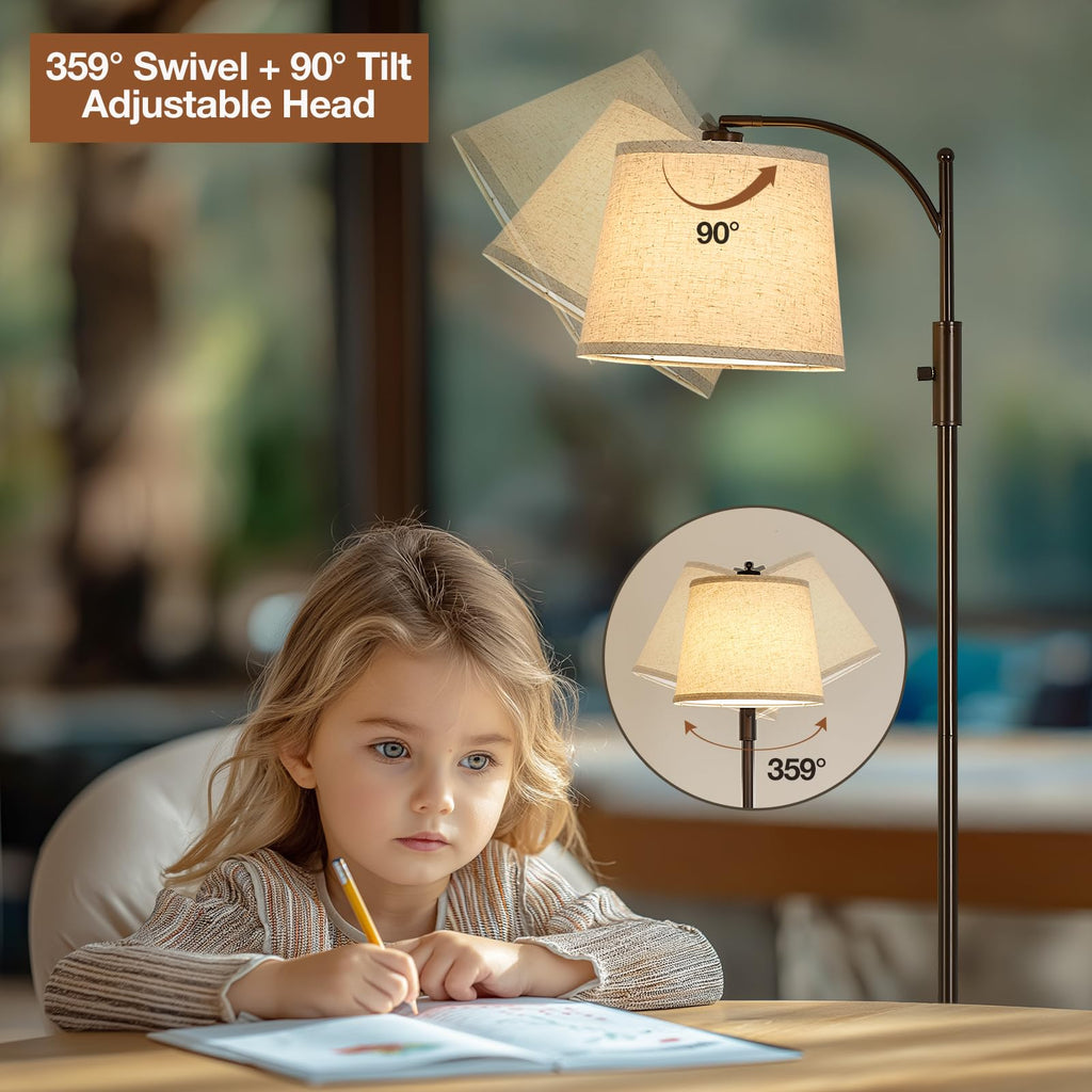 AIDENOEY Fully Dimmable Floor Lamp for Living Room，Standing Lamp Rotary Switch with Table&Linen Beige Shade，Golden Tall Lamps for Bedroom with Adjust Head，9W LED Bulb Included