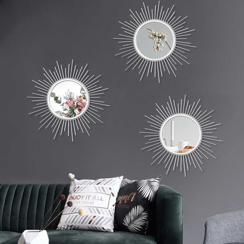 3 Pack Metal Mirrors for Wall Sunburst Wall Mirrors Home Décor Decorative Hanging Wall Art for Living Room Bedroom Entryway (Gold, Flower+Sunburst)