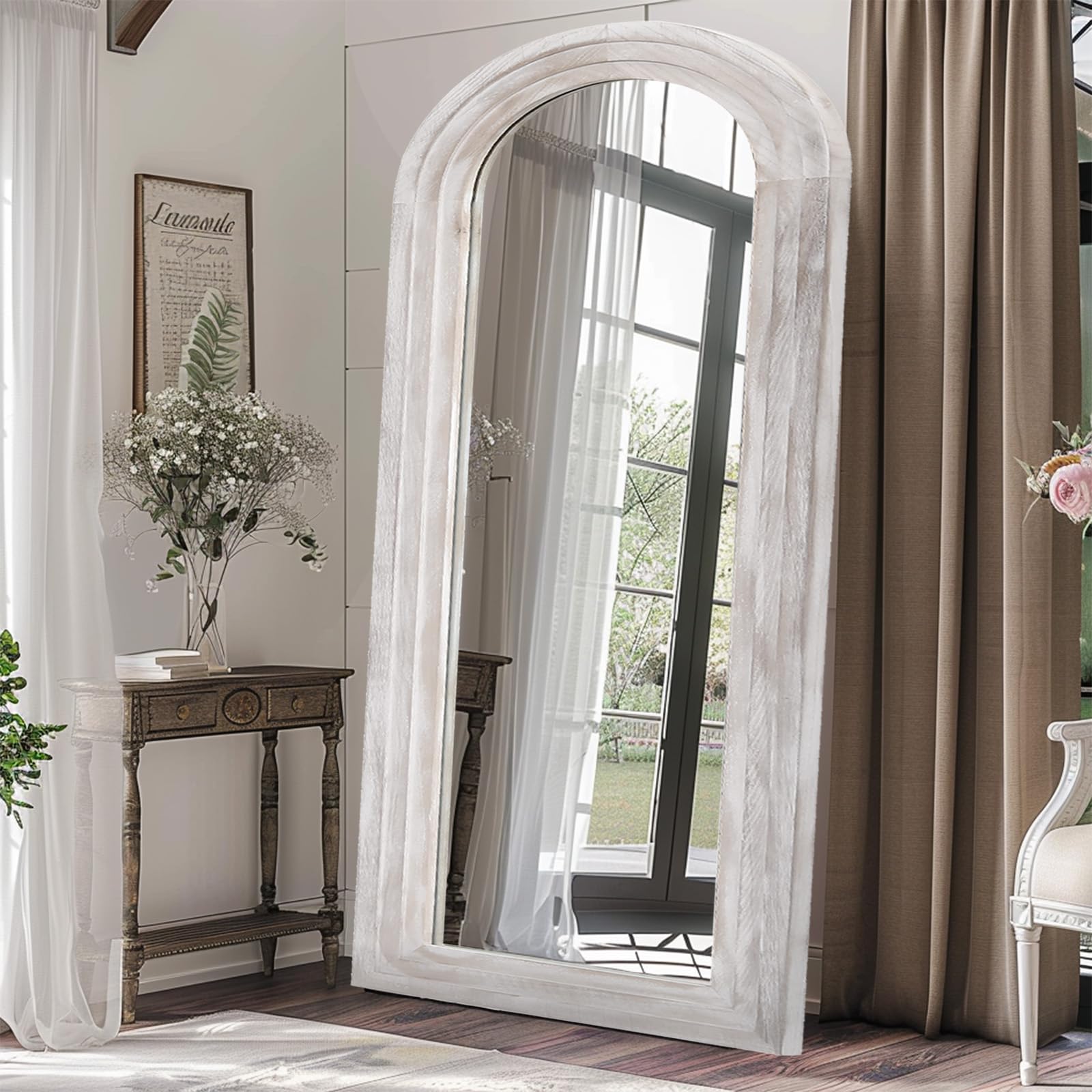 ZHUNFA Arched Full Length Mirror with Solid Wood Frame, 71x32 Farmhouse Wall Mounted Floor Mirror with Stand, Vertical Hanging, Leaning Standing for Bedroom, Living Room, Brown