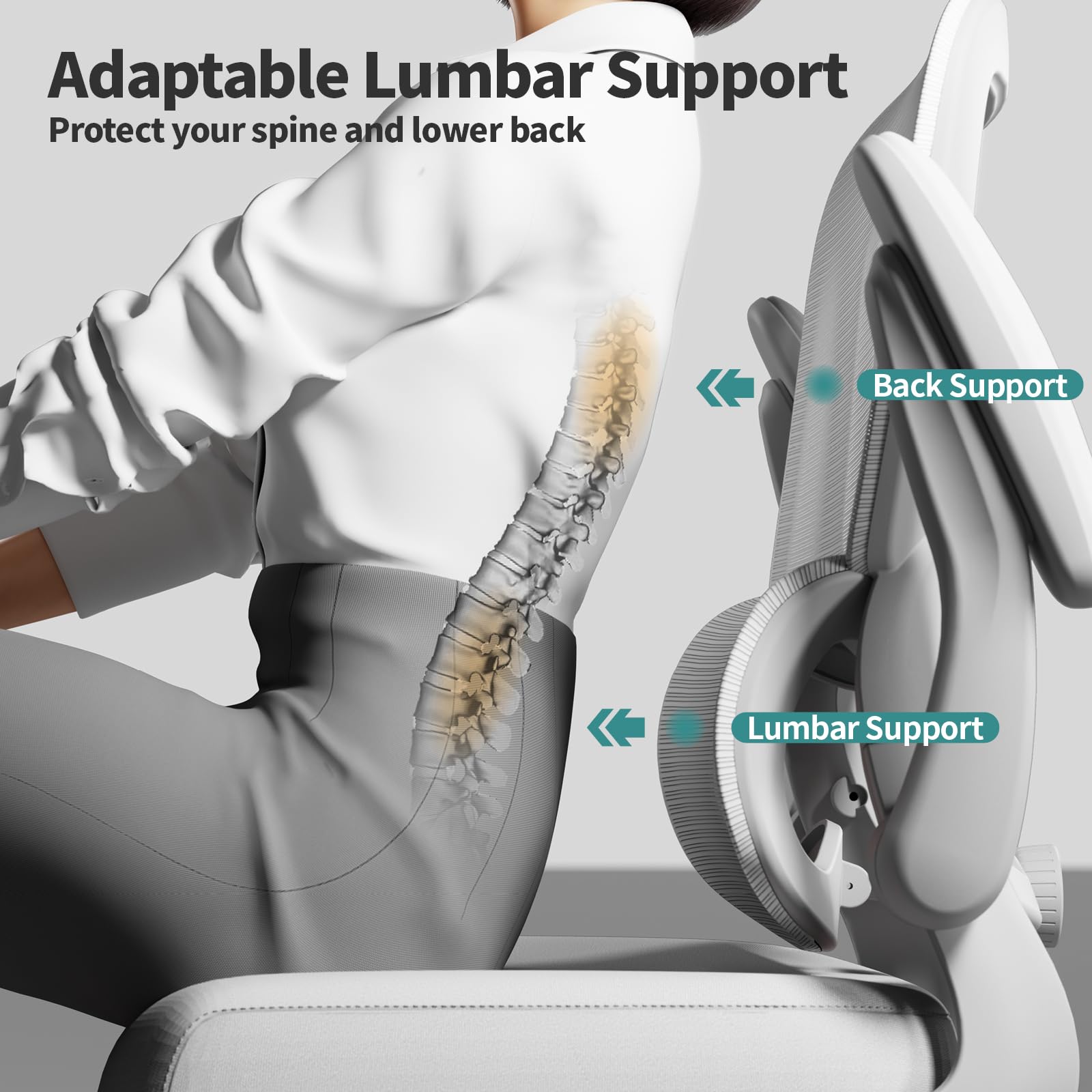 TRALT Office Chair - Ergonomic Desk Chair with Adjustable Lumbar Support, Mesh Computer Chair, Executive Chairs for Home Office Comfortable Lumbar Support (White)