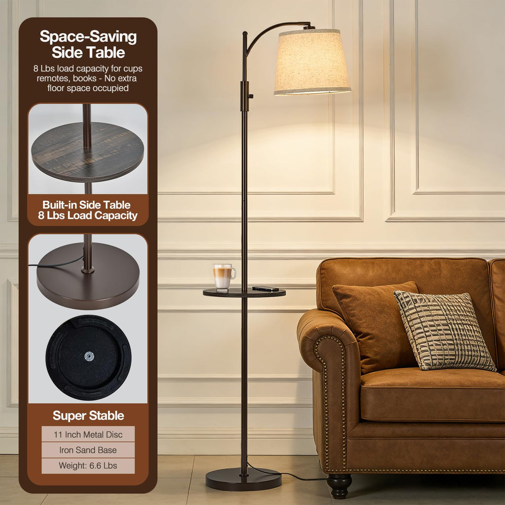 AIDENOEY Fully Dimmable Floor Lamp for Living Room，Standing Lamp Rotary Switch with Table&Linen Beige Shade，Golden Tall Lamps for Bedroom with Adjust Head，9W LED Bulb Included