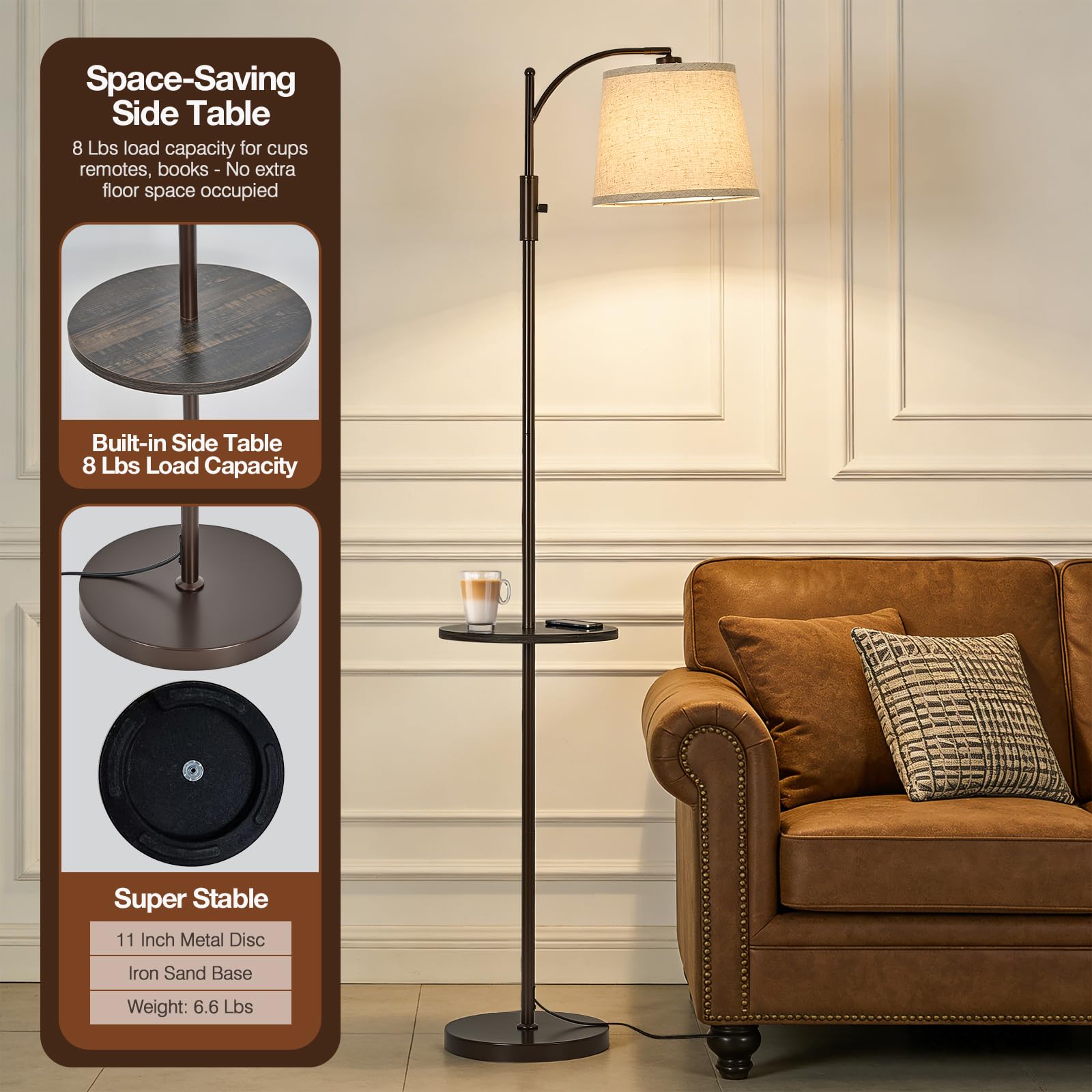 AIDENOEY Fully Dimmable Floor Lamp for Living Room，Standing Lamp Rotary Switch with Table&Linen Beige Shade，Golden Tall Lamps for Bedroom with Adjust Head，9W LED Bulb Included