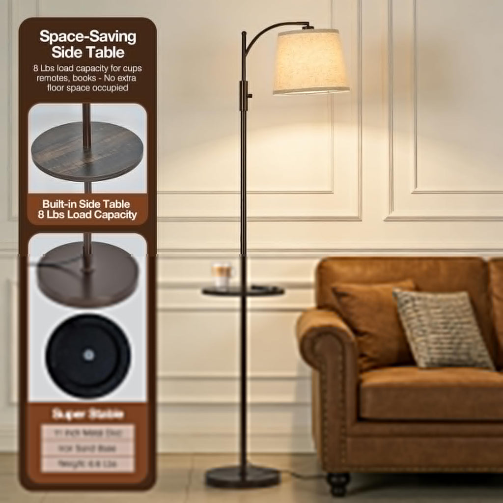 AIDENOEY Fully Dimmable Floor Lamp for Living Room，Standing Lamp Rotary Switch with Table&Linen Beige Shade，Golden Tall Lamps for Bedroom with Adjust Head，9W LED Bulb Included