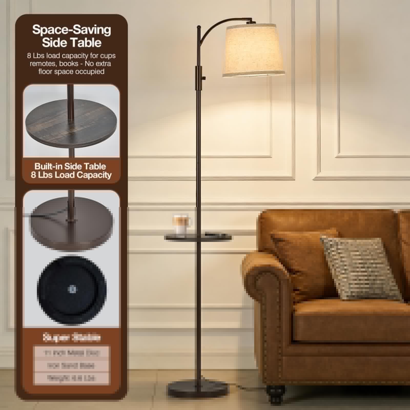 AIDENOEY Fully Dimmable Floor Lamp for Living Room，Standing Lamp Rotary Switch with Table&Linen Beige Shade，Golden Tall Lamps for Bedroom with Adjust Head，9W LED Bulb Included