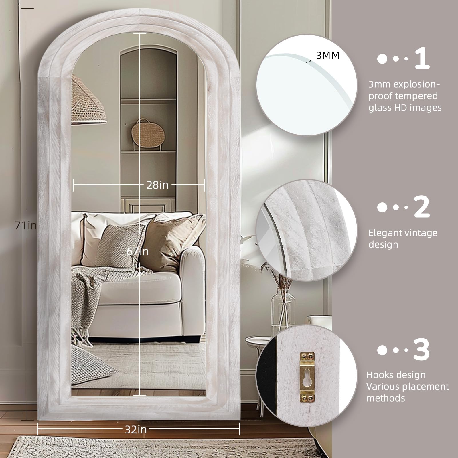 ZHUNFA Arched Full Length Mirror with Solid Wood Frame, 71x32 Farmhouse Wall Mounted Floor Mirror with Stand, Vertical Hanging, Leaning Standing for Bedroom, Living Room, Brown