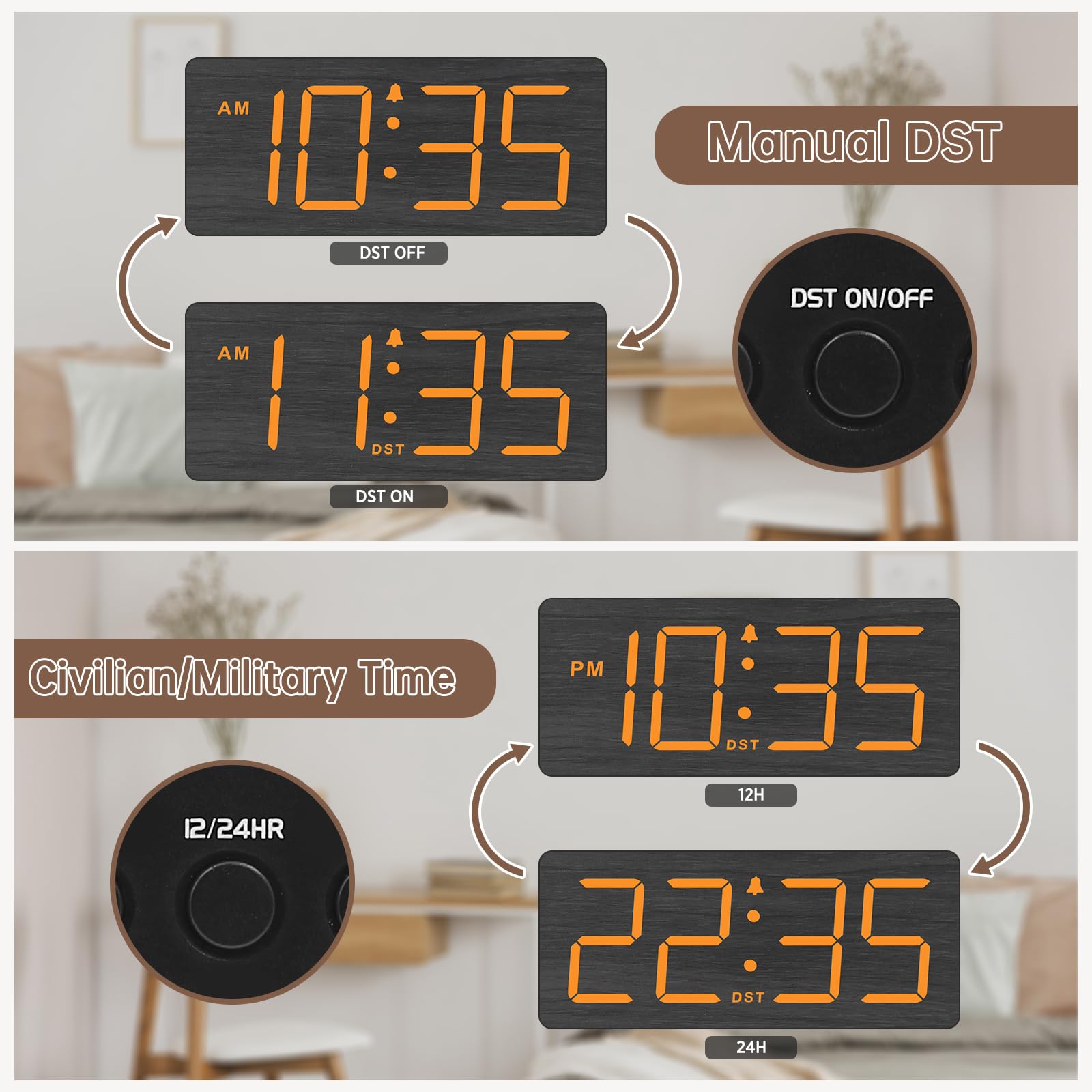 DreamSky Wooden Digital Alarm Clock for Bedroom - Desk Clock for Living Room with Large Numbers, Dimmer, Loud Alarm for Heavy Sleepers with Volume Control, DST, Office Wood Decor (Plug in Clock)
