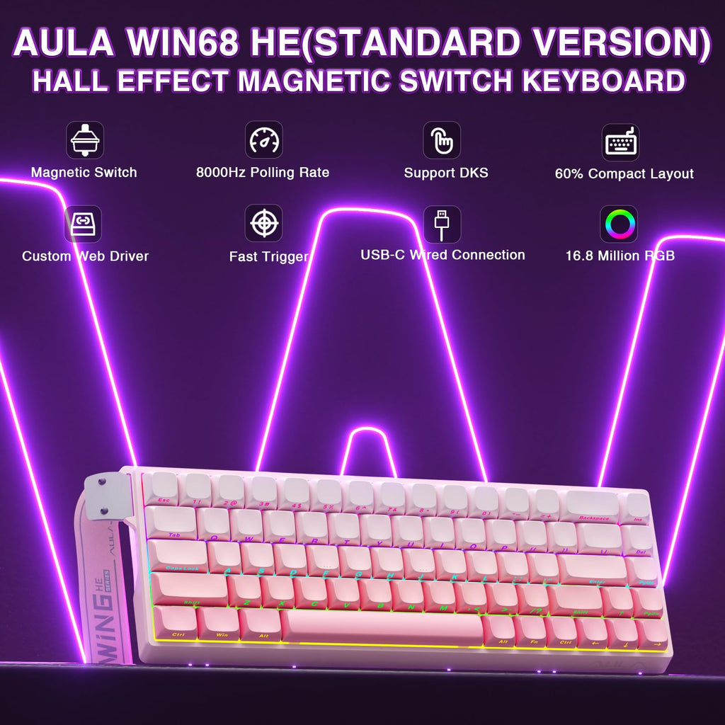 AULA WIN68 HE Mechanical Gaming Keyboard 60%, Hall Effect Magnetic Switch, Fast Trigger Mode Adjustable Actuation, 8000Hz Polling Rate, RGB Backlit, Wired Black Keyboard for Laptop/PC Gamer