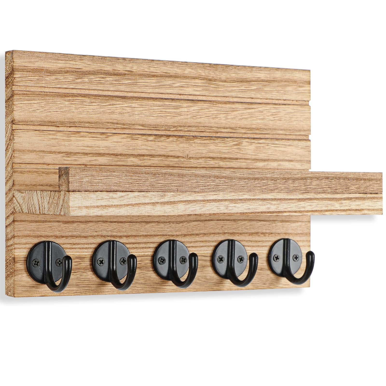 Lwenki Key Holder for Wall, Decorative Key and Mail Holder with Shelf Has Large Hooks for Bags, Coats, Umbrella – Paulownia Wood Key Hanger with Mounting Hardware (9.8”W x 6.7”H x 4.2”D)
