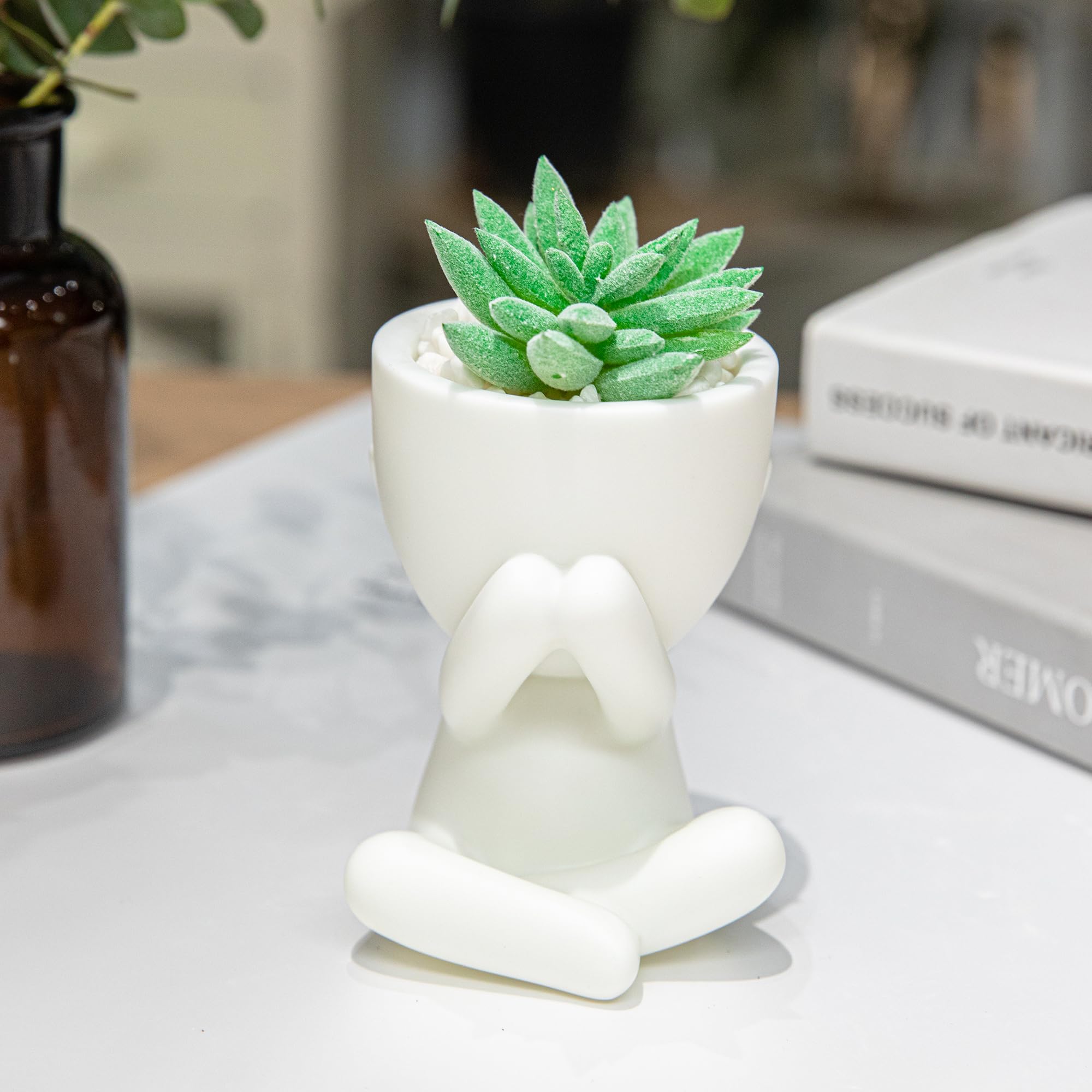HEYO-YEPY 3PCS Cute Artificial Plant Office Decor for Women and Men, Aesthetic Desk Plant Decor for Office and Home, Potted Small Fake Plants for Indoor Decoration, White Pots Pink Plants