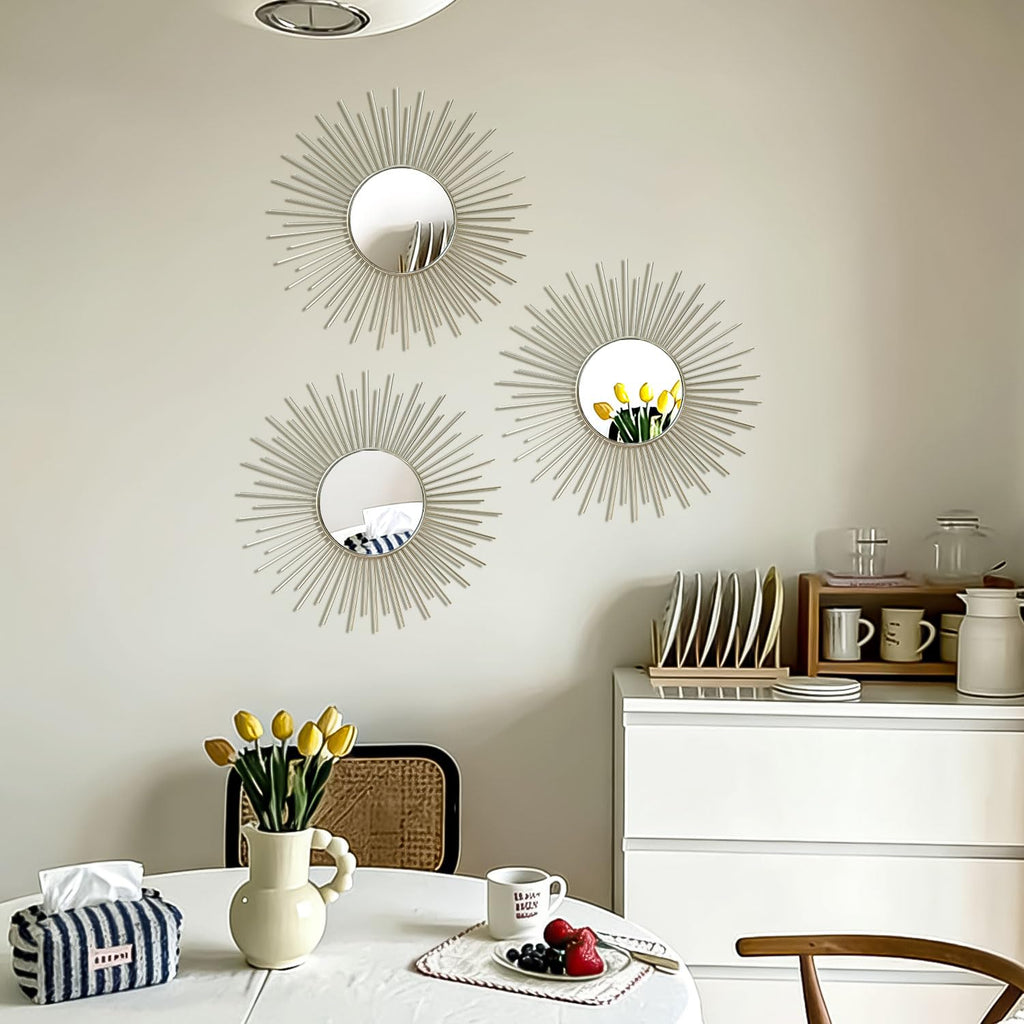 3 Pack Metal Mirrors for Wall Sunburst Wall Mirrors Home Décor Decorative Hanging Wall Art for Living Room Bedroom Entryway (Gold, Flower+Sunburst)