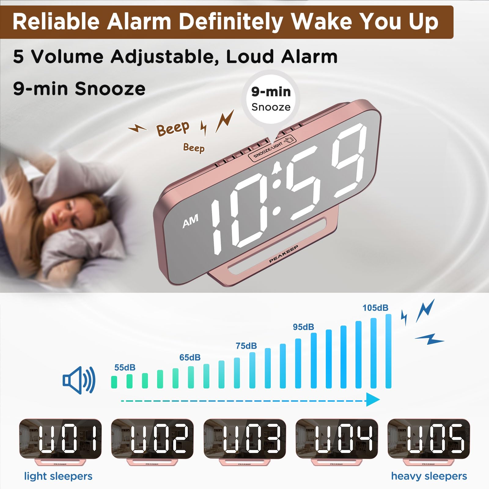 Peakeep Slim Digital Mirror Aesthetic Alarm Clock for Bedrooms Desk Decor - Plug in Electric Big LED Modern Small Clock for Office Living Room, Battery Backup, 6 Dimmers (Gold)