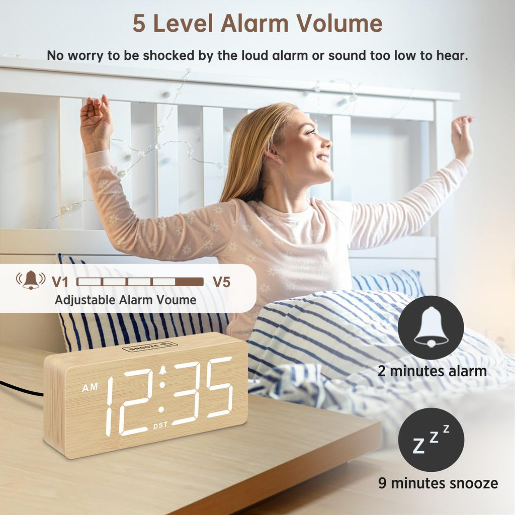 DreamSky Wooden Digital Alarm Clock for Bedroom - Desk Clock for Living Room with Large Numbers, Dimmer, Loud Alarm for Heavy Sleepers with Volume Control, DST, Office Wood Decor (Plug in Clock)