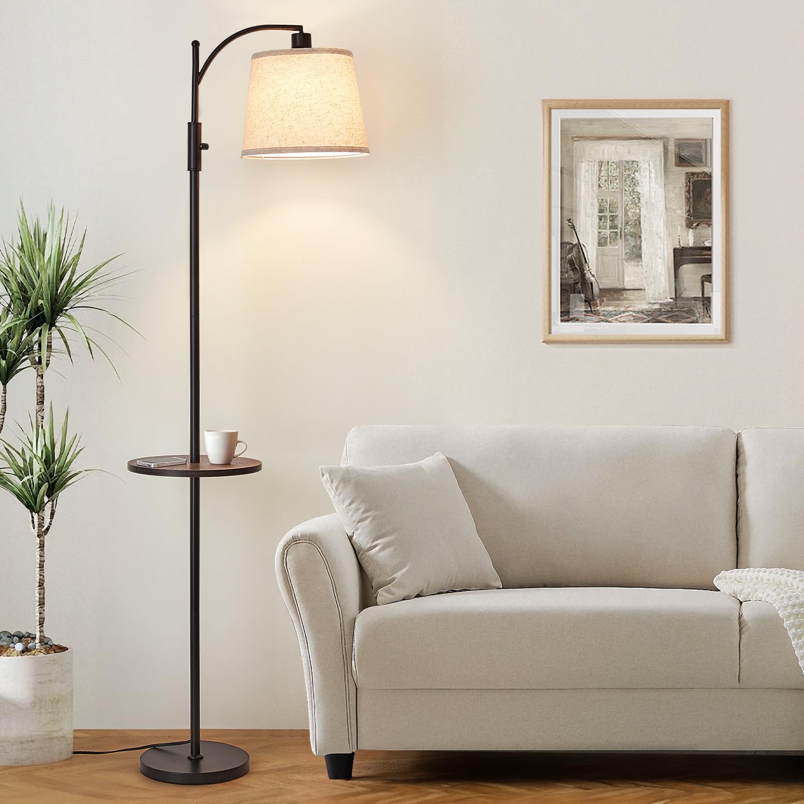 AIDENOEY Fully Dimmable Floor Lamp for Living Room，Standing Lamp Rotary Switch with Table&Linen Beige Shade，Golden Tall Lamps for Bedroom with Adjust Head，9W LED Bulb Included