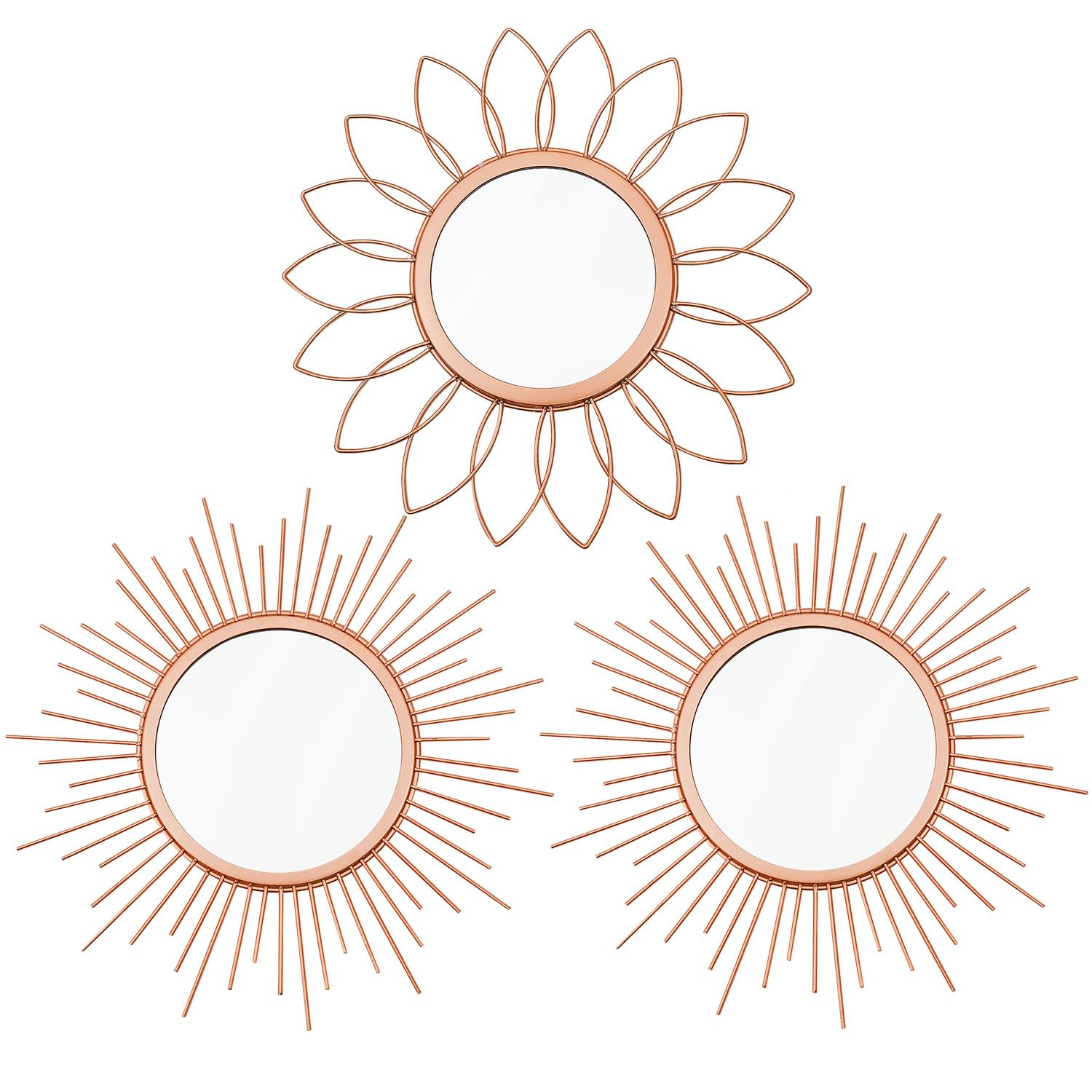 3 Pack Metal Mirrors for Wall Sunburst Wall Mirrors Home Décor Decorative Hanging Wall Art for Living Room Bedroom Entryway (Gold, Flower+Sunburst)