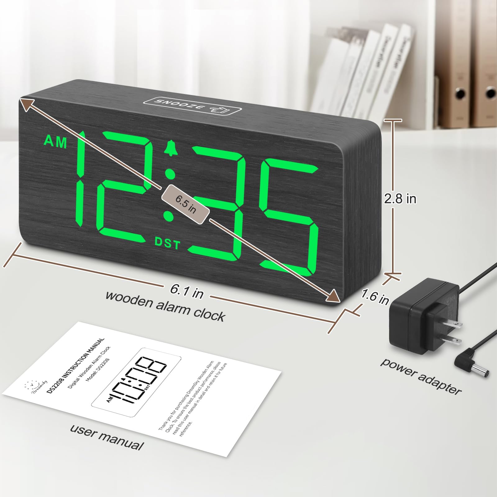 DreamSky Wooden Digital Alarm Clock for Bedroom - Desk Clock for Living Room with Large Numbers, Dimmer, Loud Alarm for Heavy Sleepers with Volume Control, DST, Office Wood Decor (Plug in Clock)