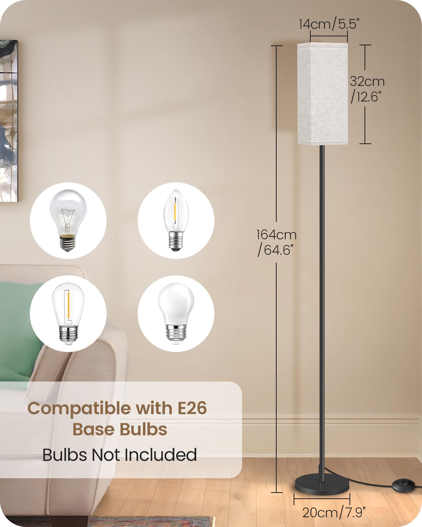 2 Pack Floor Lamp, Pole Lamp with Foot Switch, Modern Standing Lamp Lampshade, Minimalist Freestanding Lamp (Bulb Not Included), for Living Room, Bedroom Office, Black and Beige E07LDP205