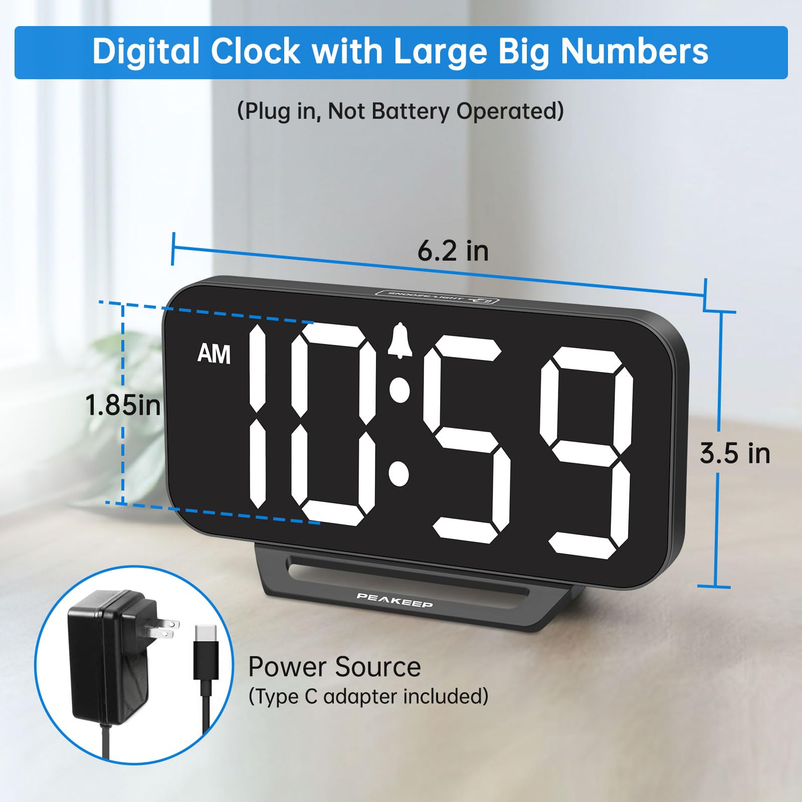 Peakeep Slim Digital Mirror Aesthetic Alarm Clock for Bedrooms Desk Decor - Plug in Electric Big LED Modern Small Clock for Office Living Room, Battery Backup, 6 Dimmers (Gold)