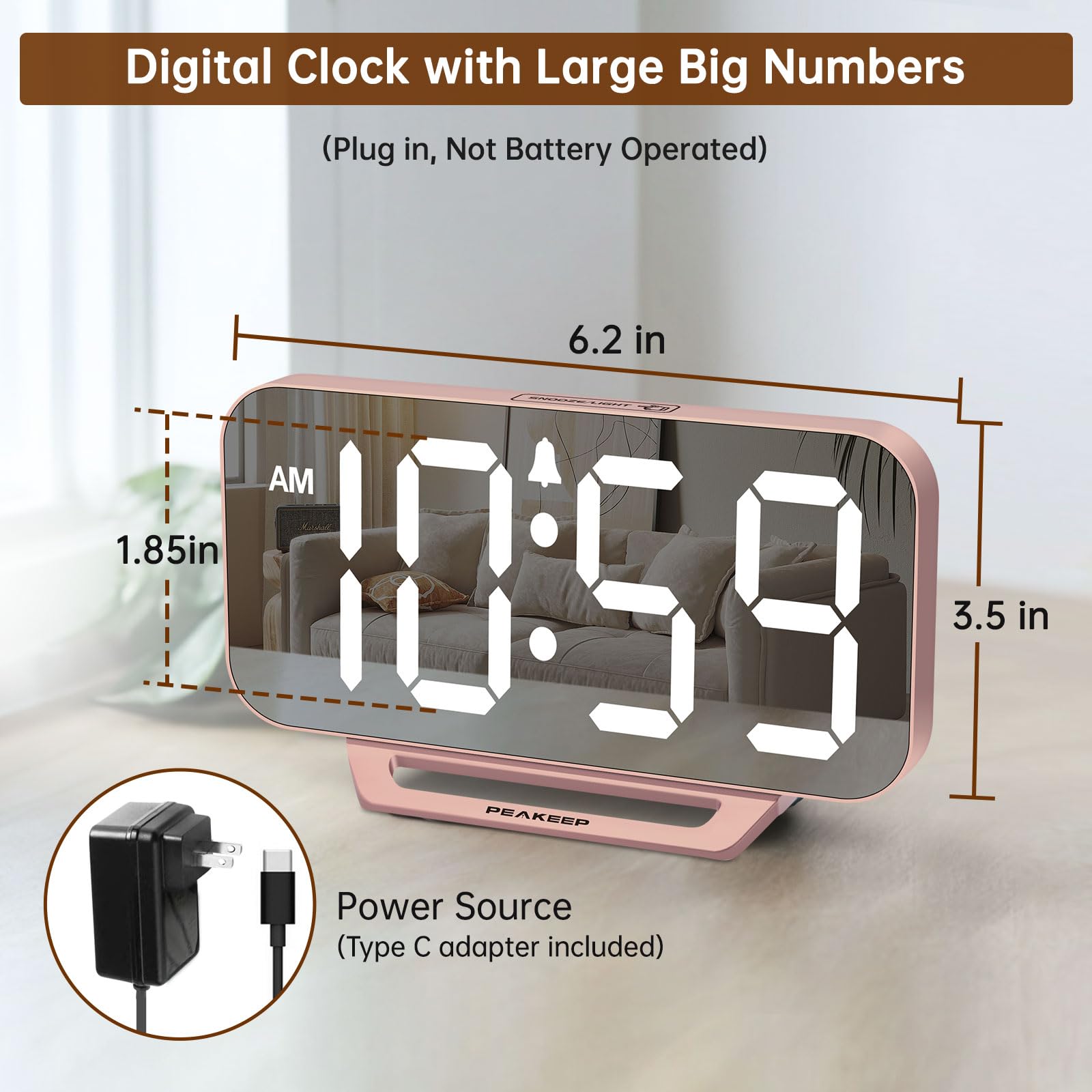 Peakeep Slim Digital Mirror Aesthetic Alarm Clock for Bedrooms Desk Decor - Plug in Electric Big LED Modern Small Clock for Office Living Room, Battery Backup, 6 Dimmers (Gold)