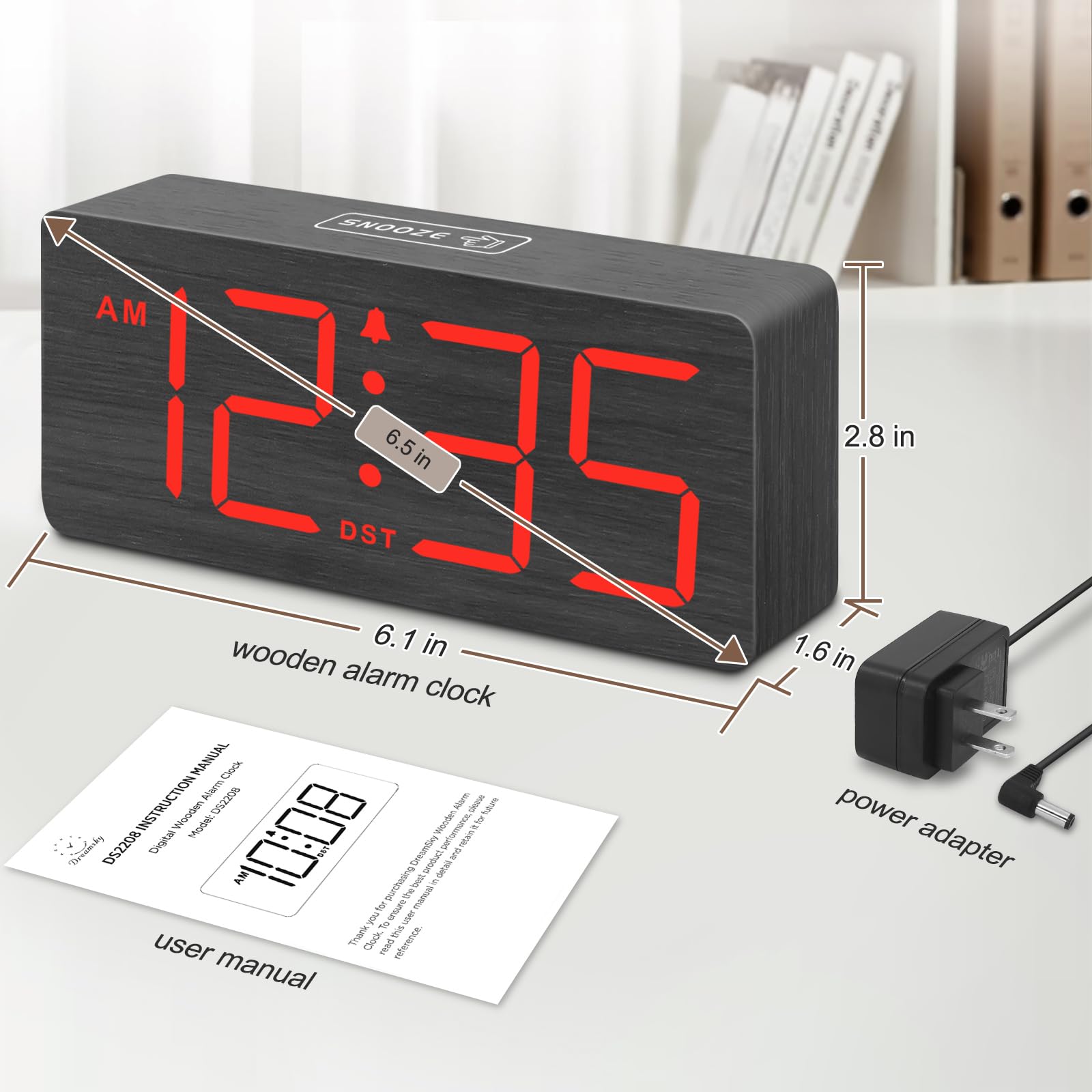 DreamSky Wooden Digital Alarm Clock for Bedroom - Desk Clock for Living Room with Large Numbers, Dimmer, Loud Alarm for Heavy Sleepers with Volume Control, DST, Office Wood Decor (Plug in Clock)