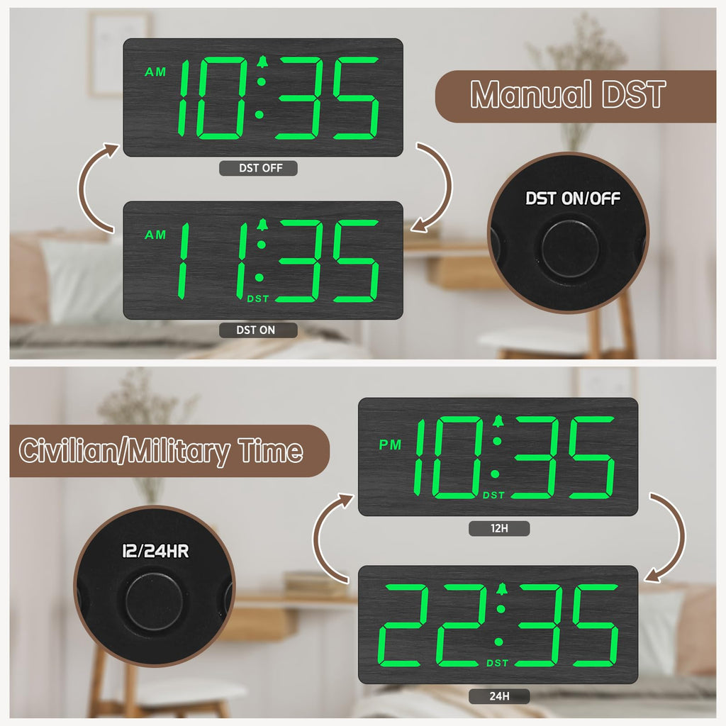 DreamSky Wooden Digital Alarm Clock for Bedroom - Desk Clock for Living Room with Large Numbers, Dimmer, Loud Alarm for Heavy Sleepers with Volume Control, DST, Office Wood Decor (Plug in Clock)