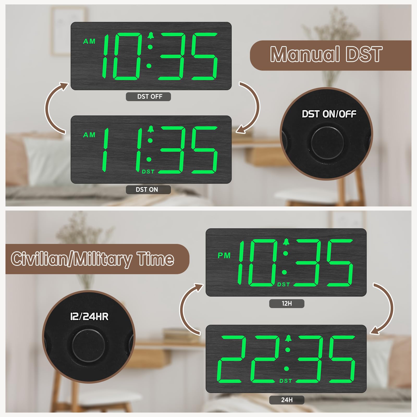 DreamSky Wooden Digital Alarm Clock for Bedroom - Desk Clock for Living Room with Large Numbers, Dimmer, Loud Alarm for Heavy Sleepers with Volume Control, DST, Office Wood Decor (Plug in Clock)