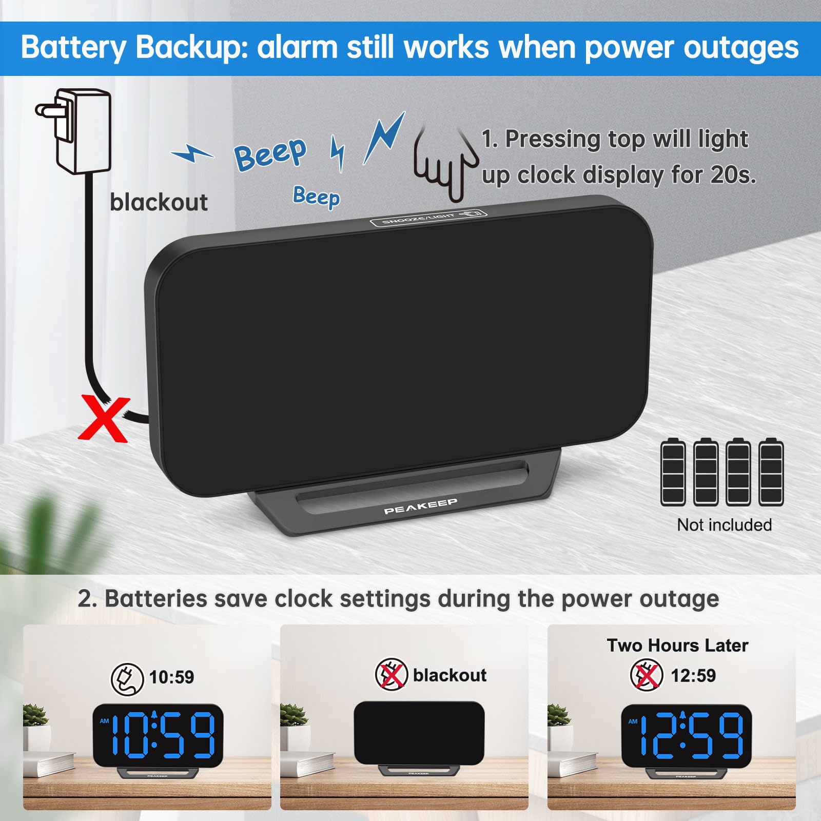 Peakeep Slim Digital Mirror Aesthetic Alarm Clock for Bedrooms Desk Decor - Plug in Electric Big LED Modern Small Clock for Office Living Room, Battery Backup, 6 Dimmers (Gold)