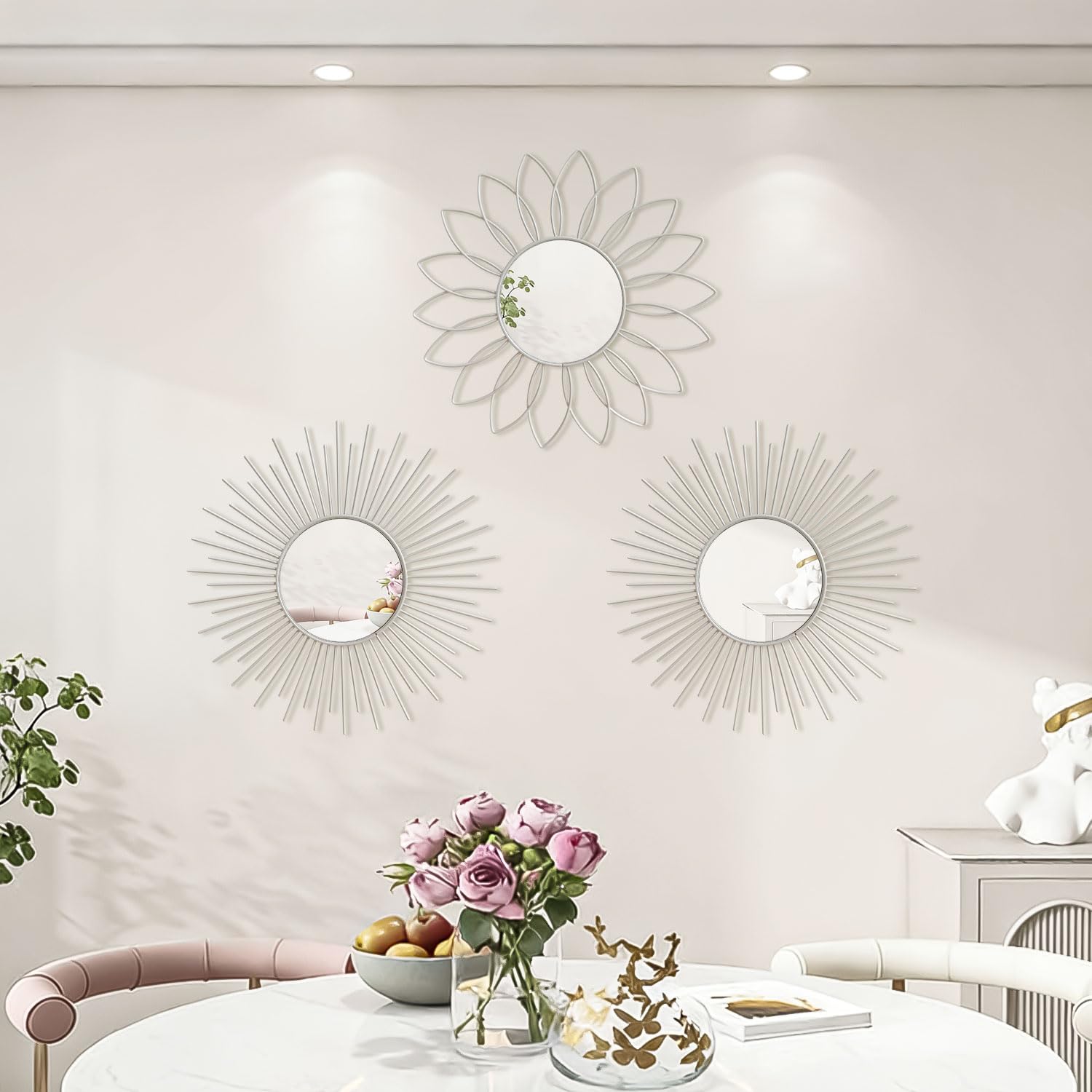3 Pack Metal Mirrors for Wall Sunburst Wall Mirrors Home Décor Decorative Hanging Wall Art for Living Room Bedroom Entryway (Gold, Flower+Sunburst)