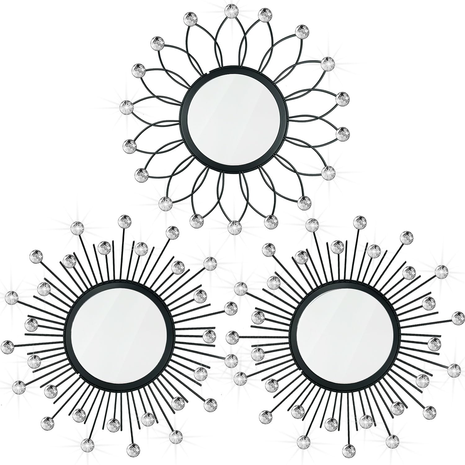 3 Pack Metal Mirrors for Wall Sunburst Wall Mirrors Home Décor Decorative Hanging Wall Art for Living Room Bedroom Entryway (Gold, Flower+Sunburst)