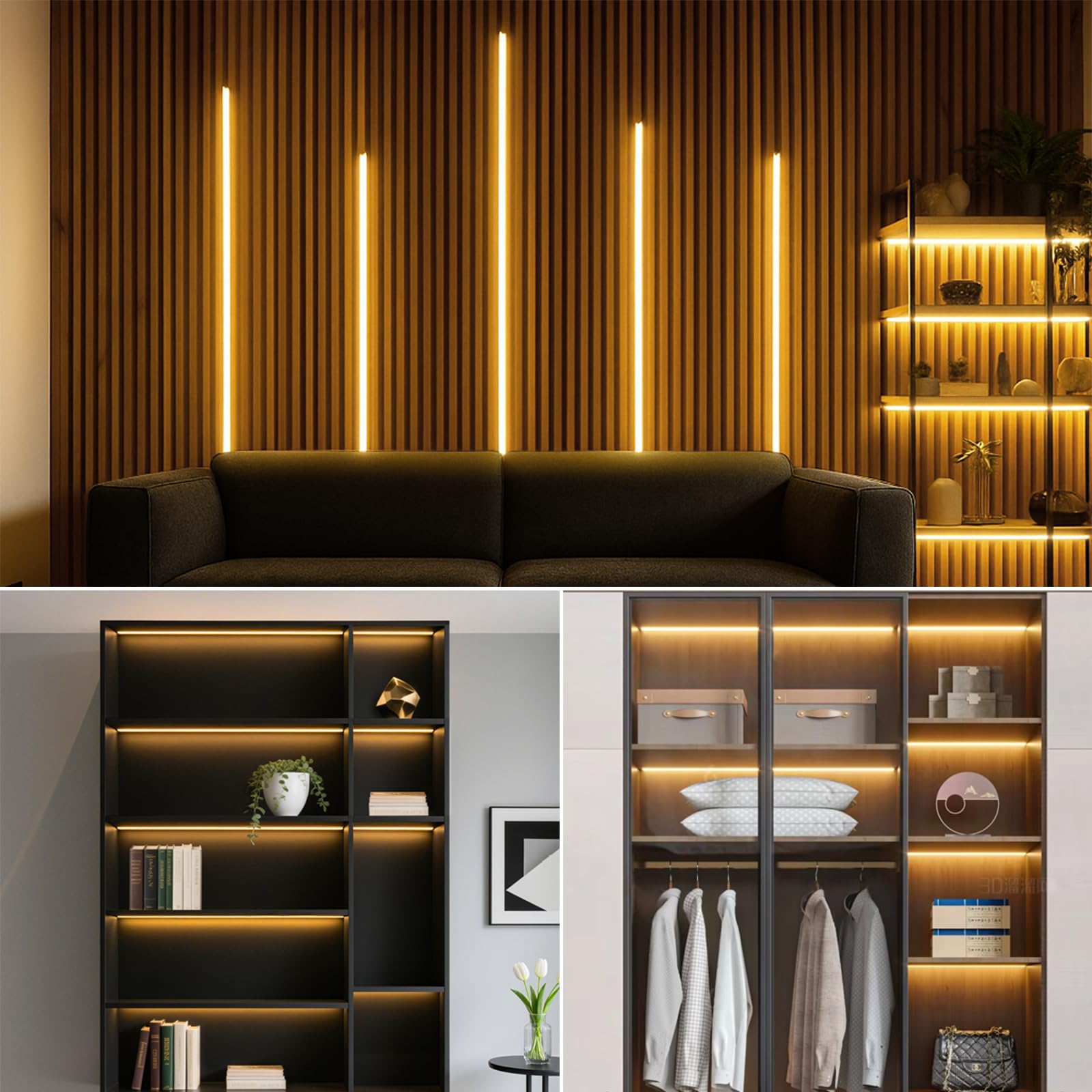 AIMENGTE 12V COB LED Cabinet Lights Black Strip, 6 x 3.3ft Touch Dimmable 3000K Lighting for Parallel Wood Slat Wall Panels, Display Cabinets, Wardrobes, Showcases, Shelves