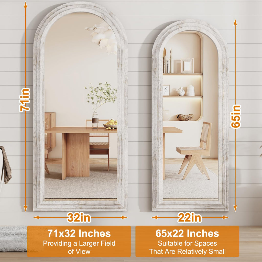 ZHUNFA Arched Full Length Mirror with Solid Wood Frame, 71x32 Farmhouse Wall Mounted Floor Mirror with Stand, Vertical Hanging, Leaning Standing for Bedroom, Living Room, Brown