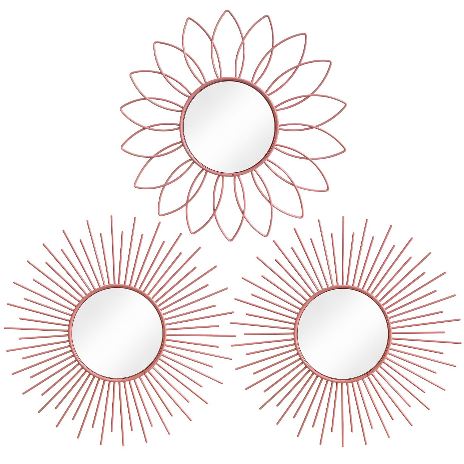 3 Pack Metal Mirrors for Wall Sunburst Wall Mirrors Home Décor Decorative Hanging Wall Art for Living Room Bedroom Entryway (Gold, Flower+Sunburst)