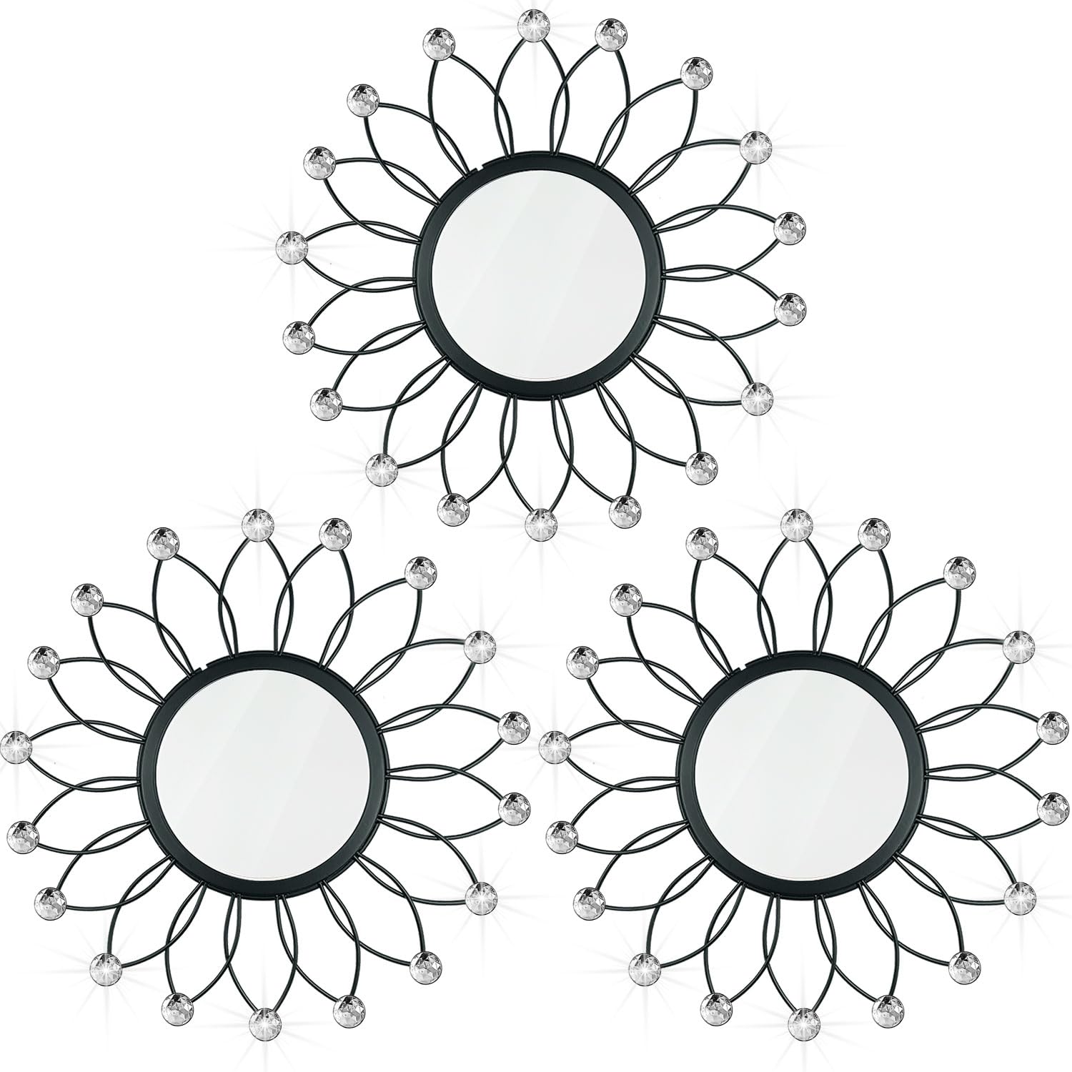 3 Pack Metal Mirrors for Wall Sunburst Wall Mirrors Home Décor Decorative Hanging Wall Art for Living Room Bedroom Entryway (Gold, Flower+Sunburst)