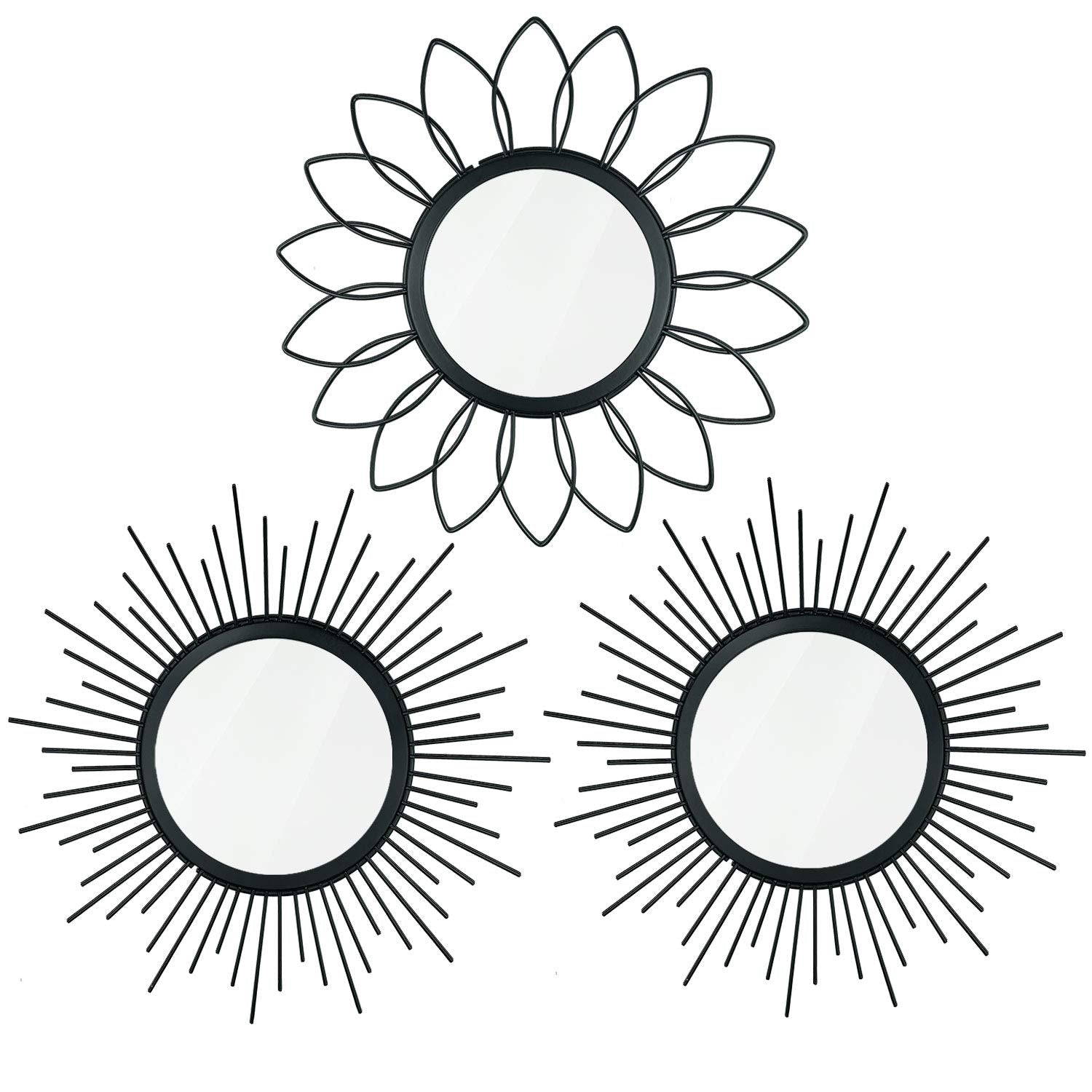 3 Pack Metal Mirrors for Wall Sunburst Wall Mirrors Home Décor Decorative Hanging Wall Art for Living Room Bedroom Entryway (Gold, Flower+Sunburst)